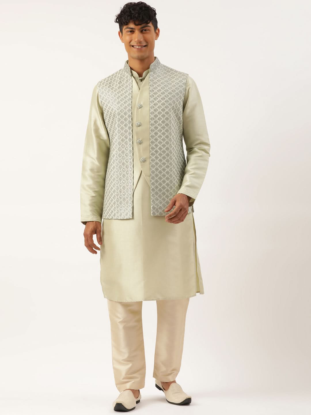 Sage Green Embroiderd Layered Jacket Kurta Set