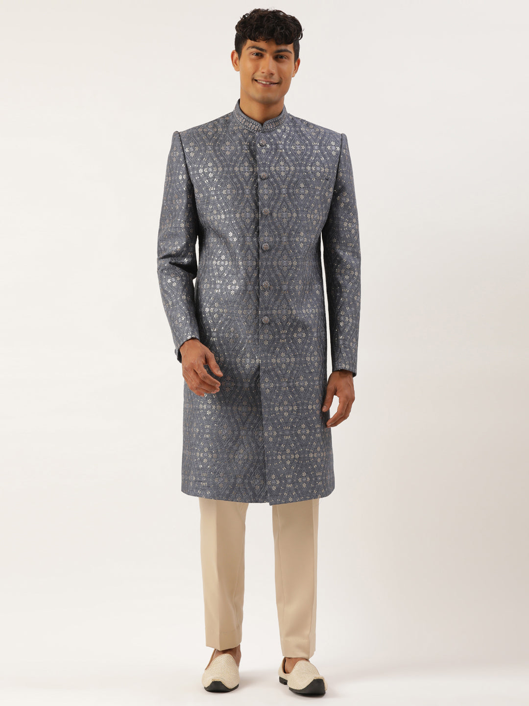 Grey silk Embroidered  Indowestern