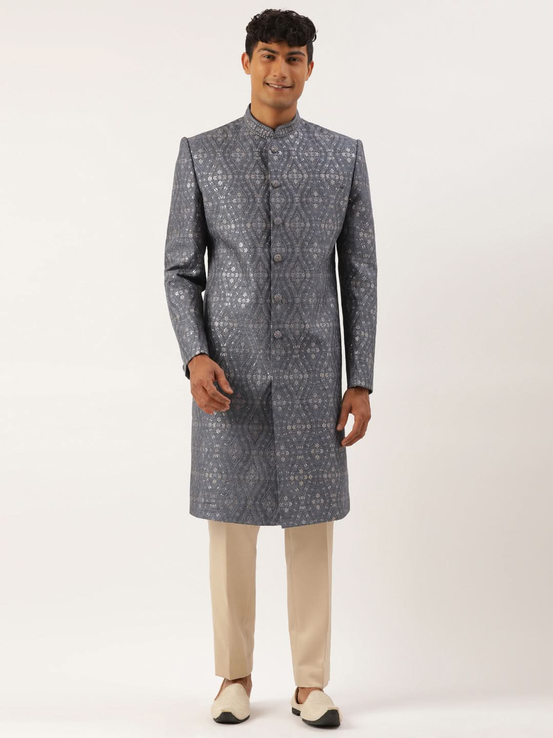 Grey silk Embroidered Indowestern