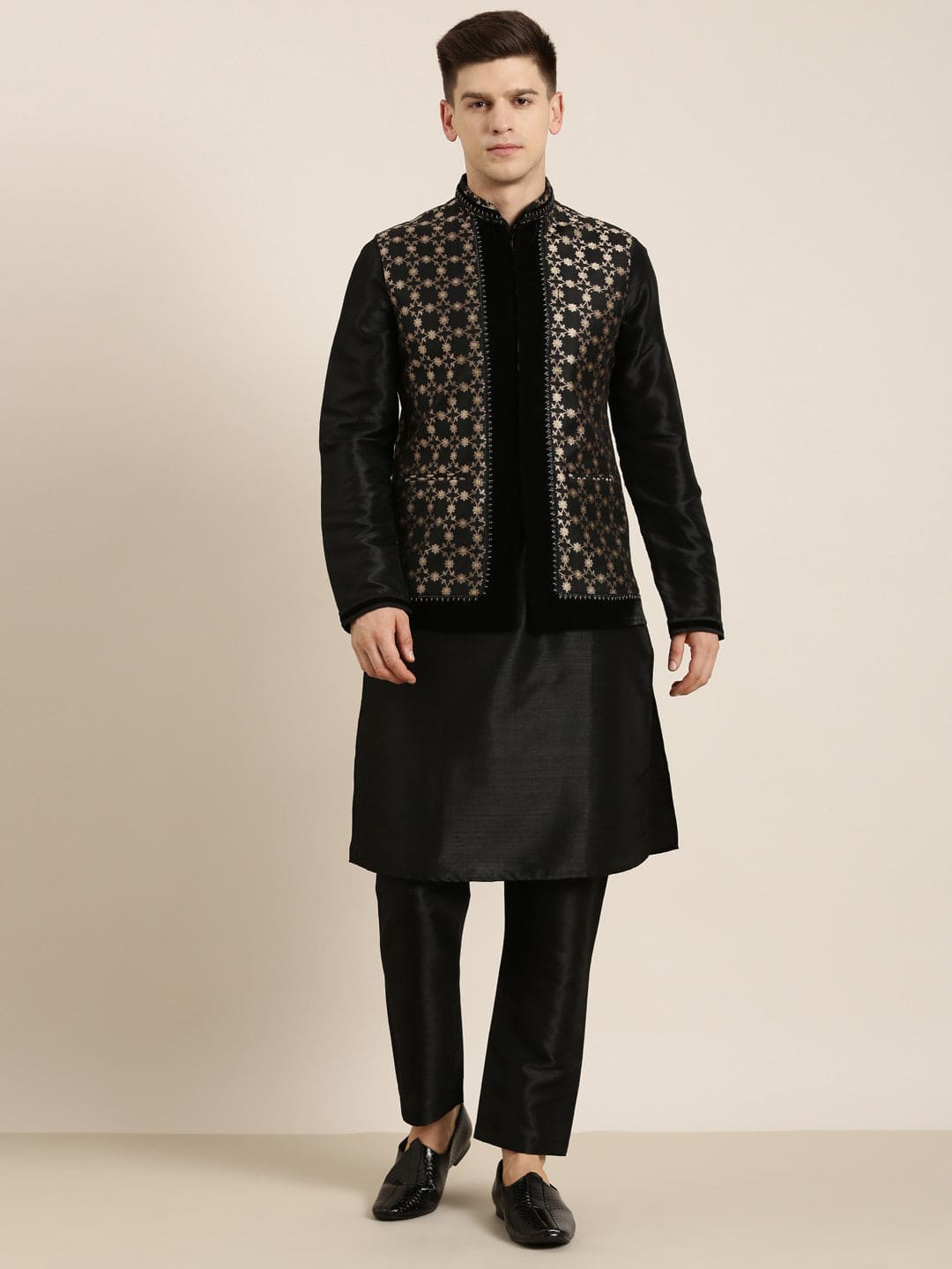 Black Jacquard Layered Jacket Set