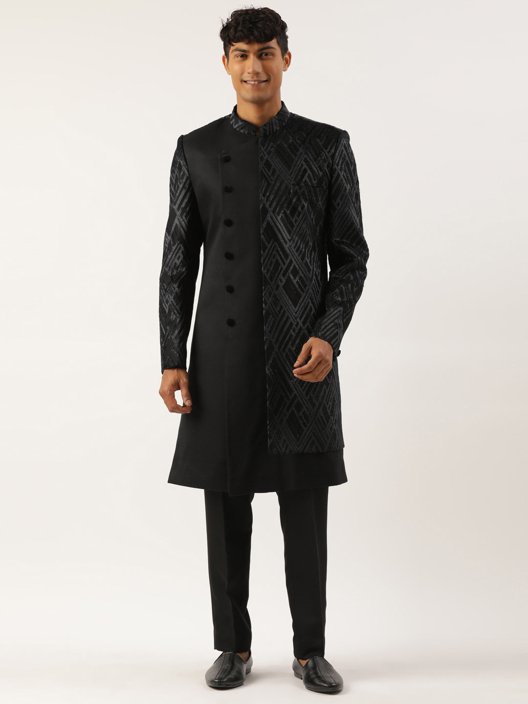 Black Velvet Angrakha Layered Indowestern