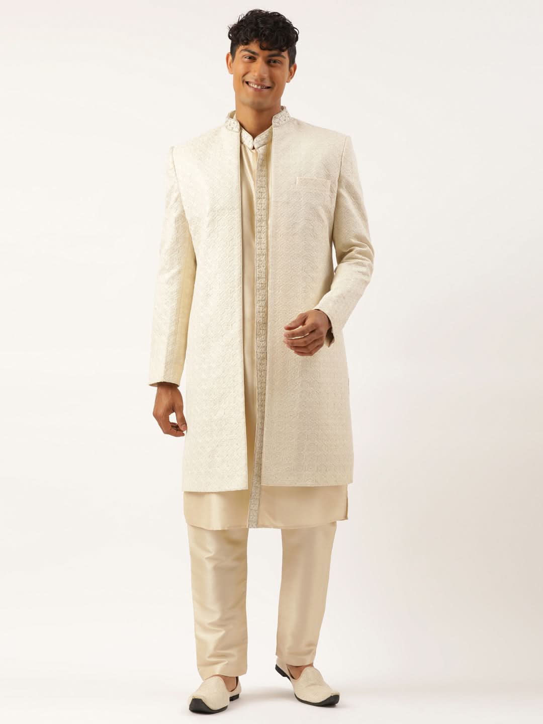 Cream Shimmer Embroidery Indowestern with Kurta Set