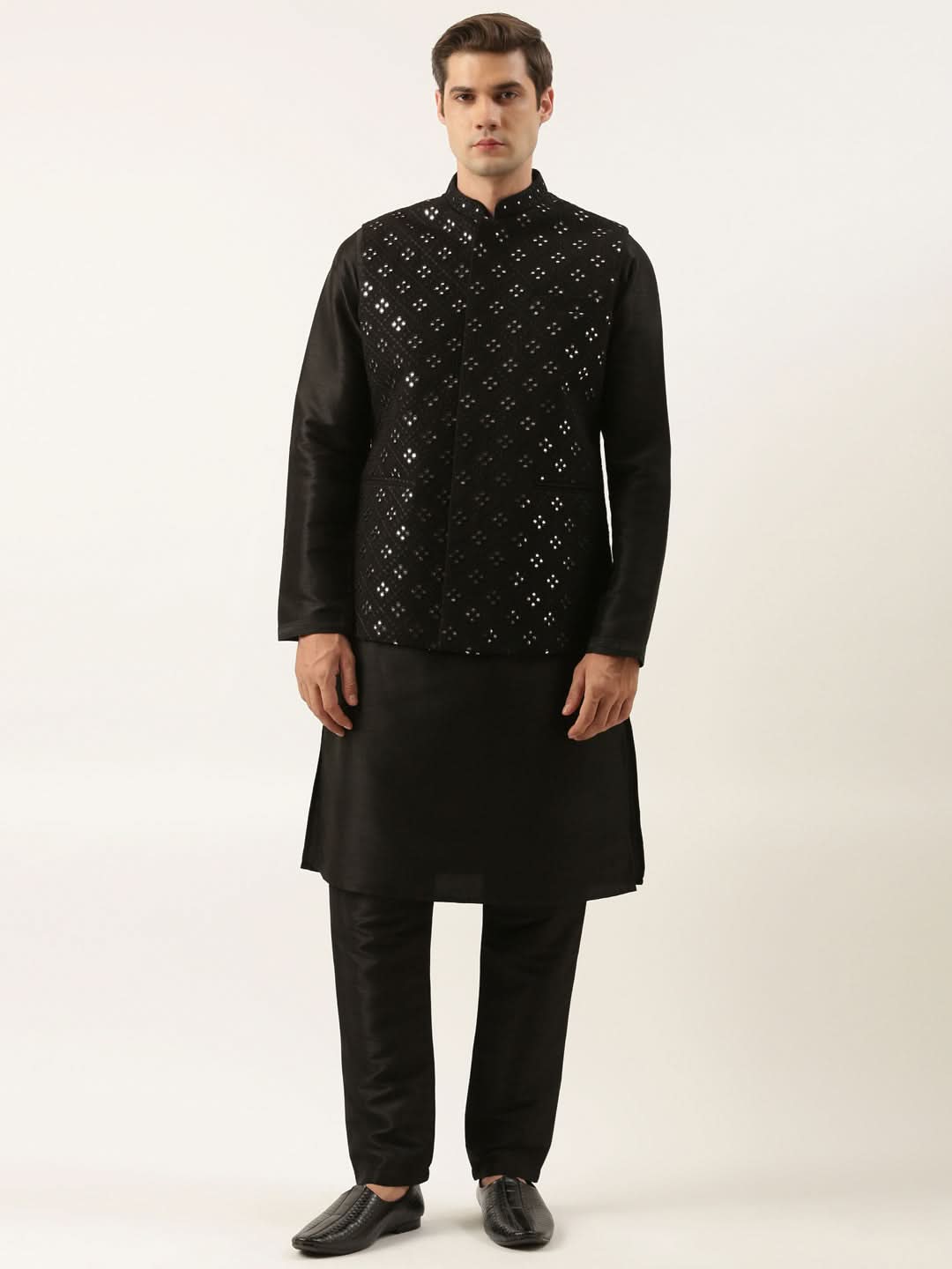 Black Mirror Embroidered Jacket Kurta Set