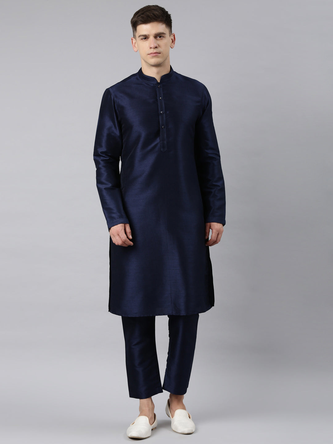 Grey Blue Jacquard Jacket with Navy Kurta Set