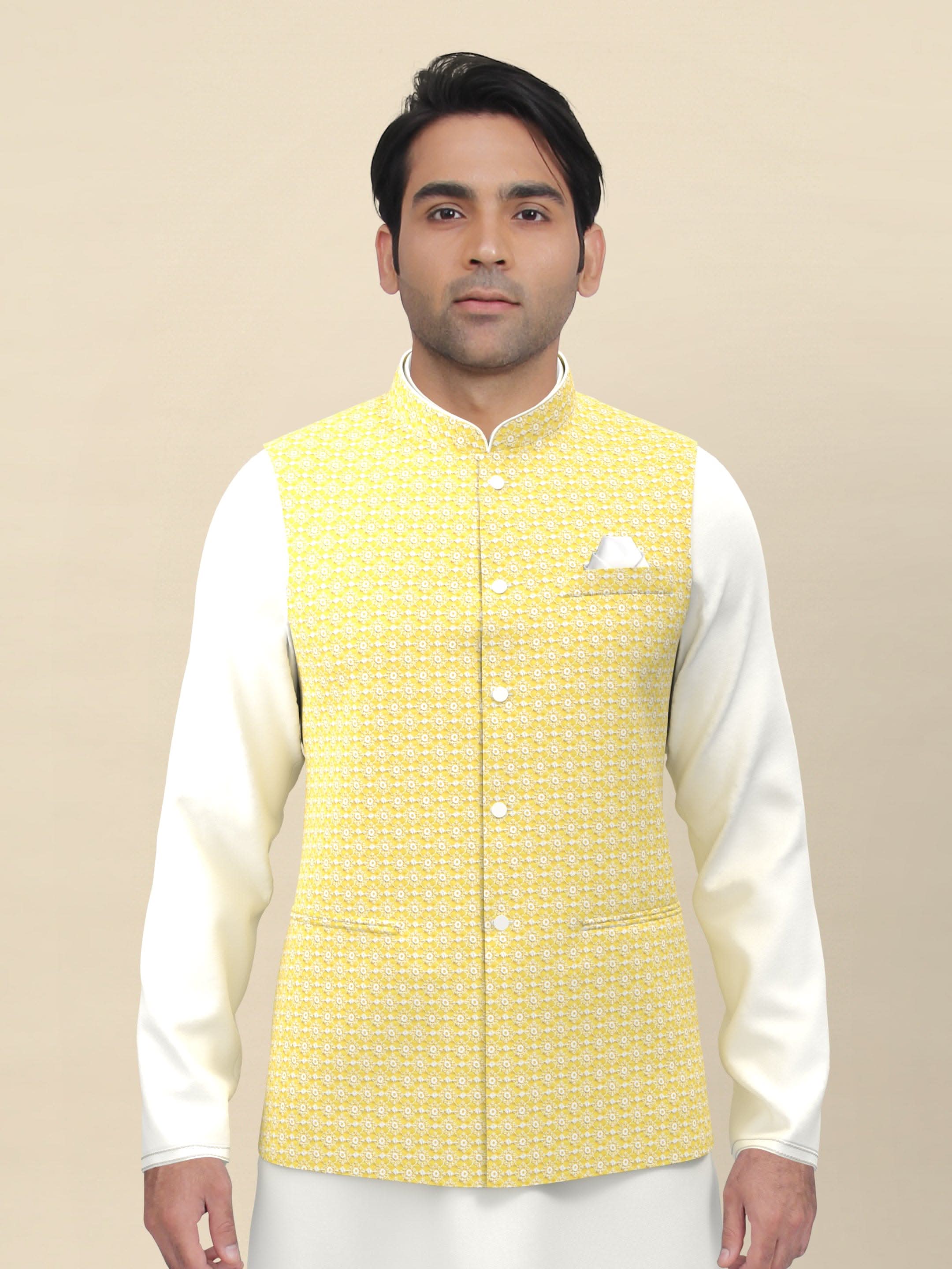 Yellow Chikankari Jacket Kurta Set