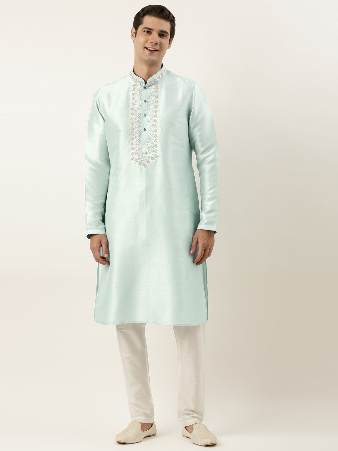 Aqua green Silk Embroidered Kurta Set