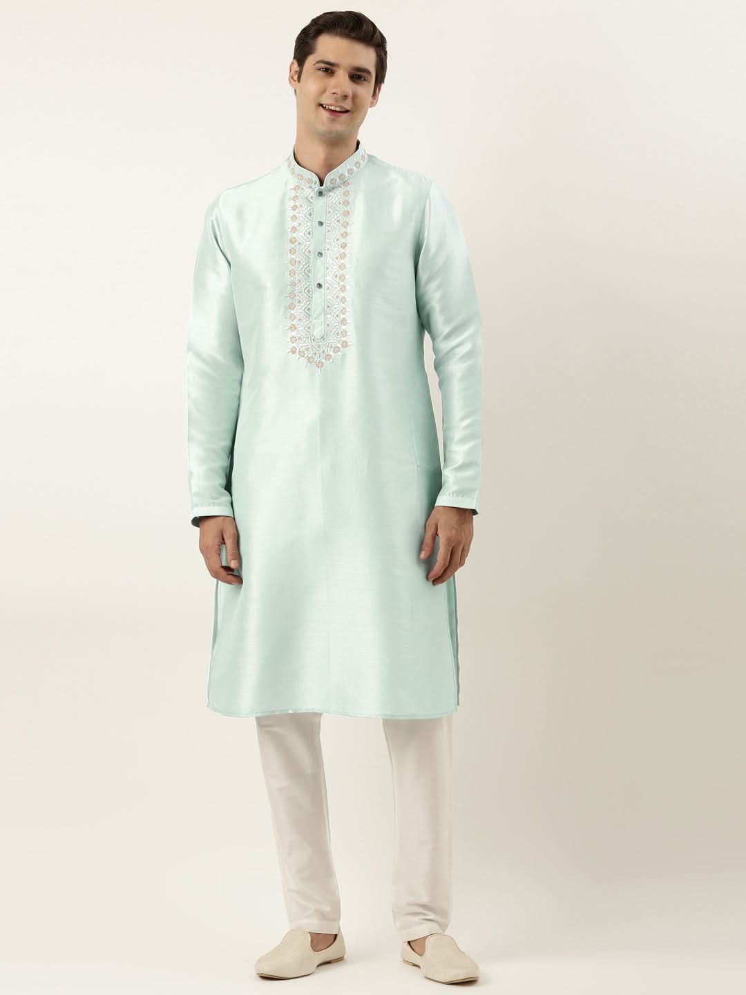 Aqua green Silk Embroidered Kurta Set