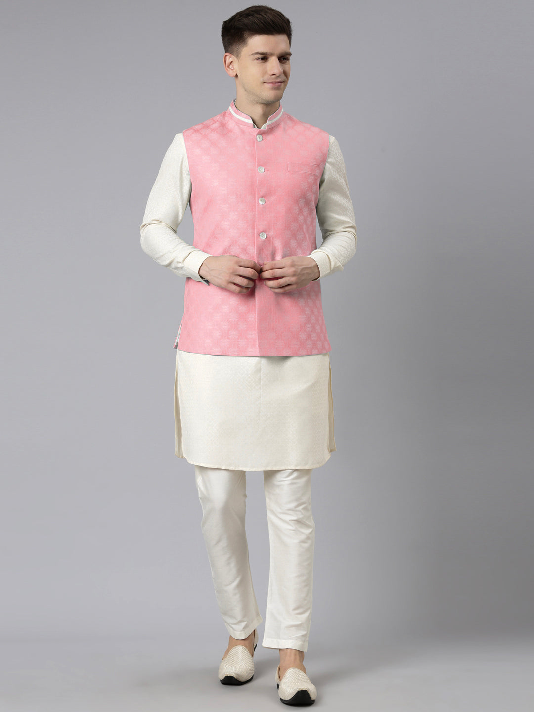 Pink Cotton Jacquard Jacket Kurta Set