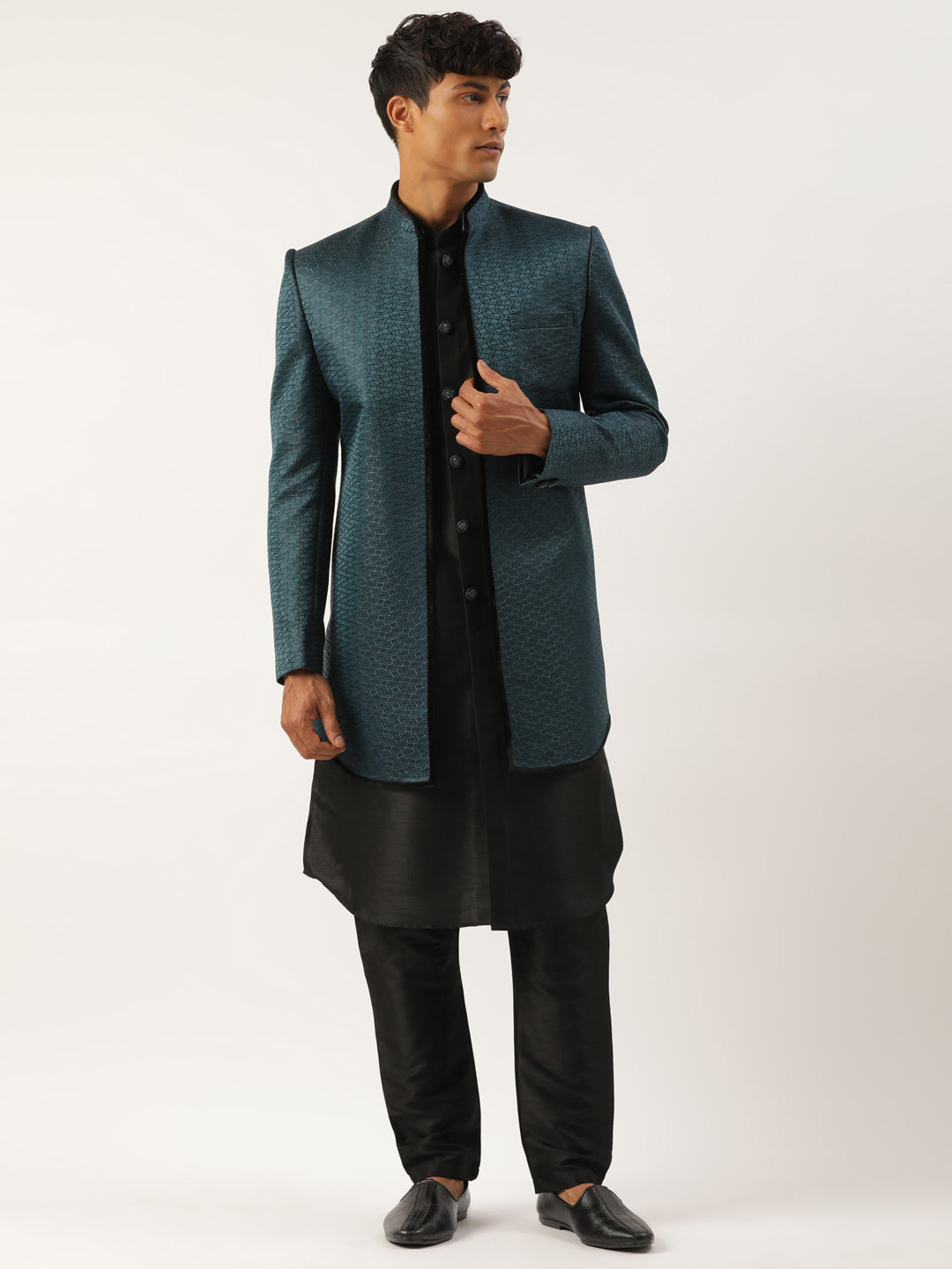 Teal Black Jacquard open Indowestern Set