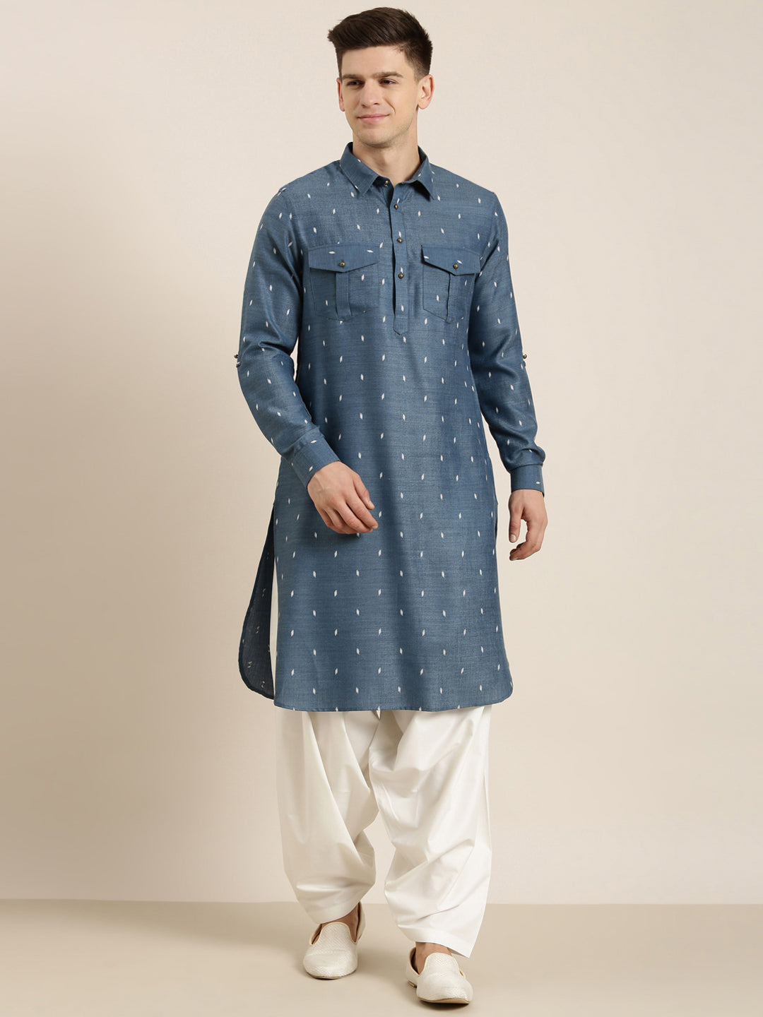 Denim Blue Cotton Pathani With Salwar