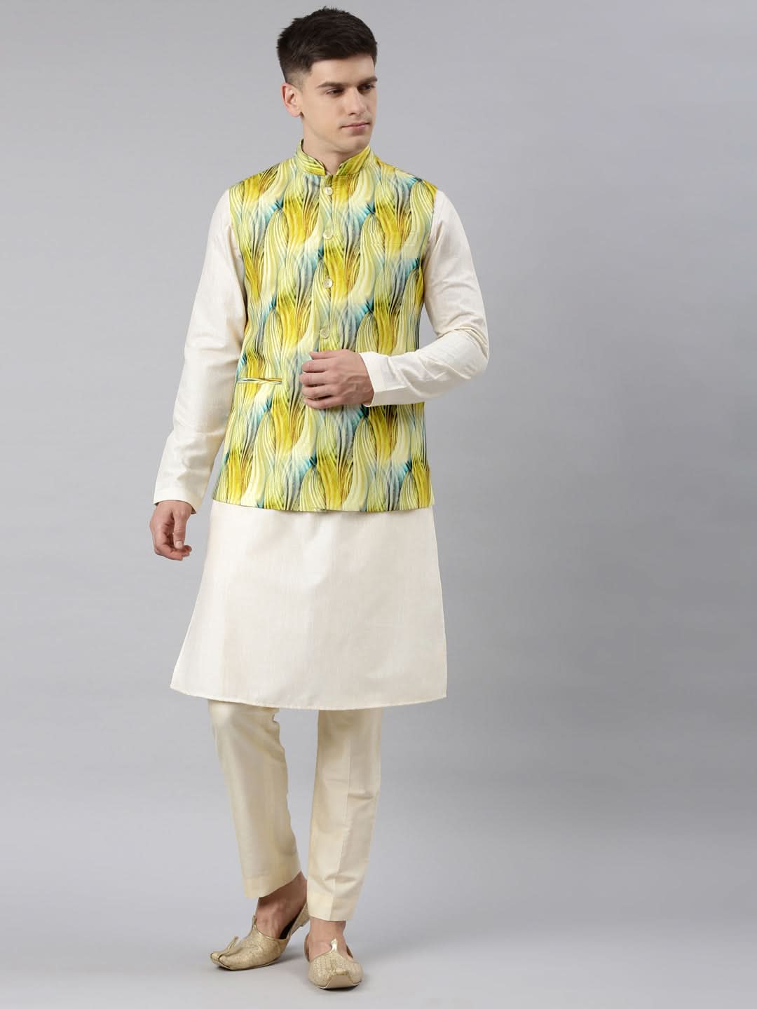 Yellow Linen Printed Jacket with Kurta Set