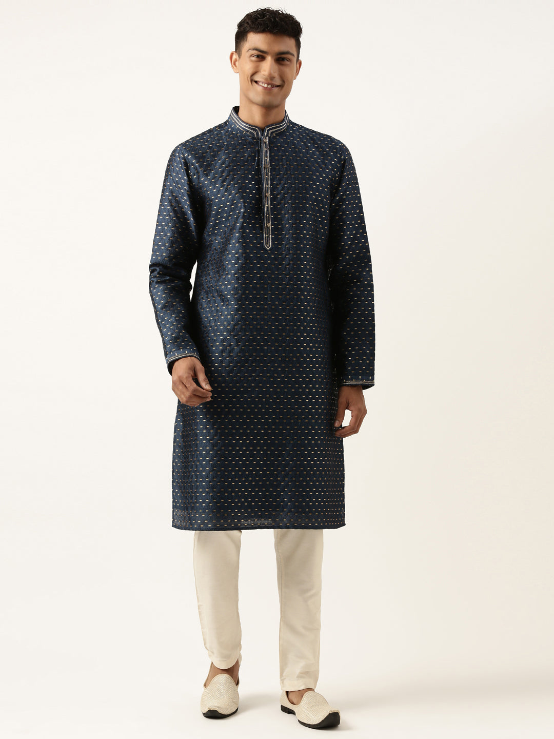 Navy-Gold Jacquard Kurta Set