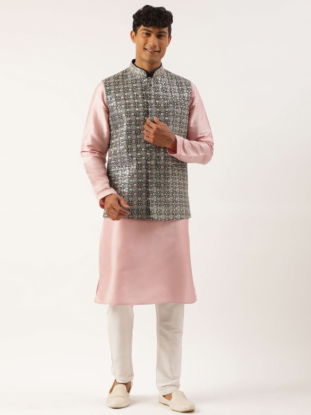 Navy Blue Embroidered Jacket Kurta Set