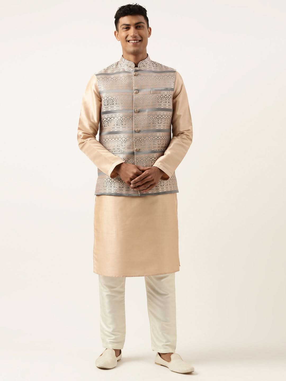 Grey Peach Jacquard Jacket With Peach Kurta