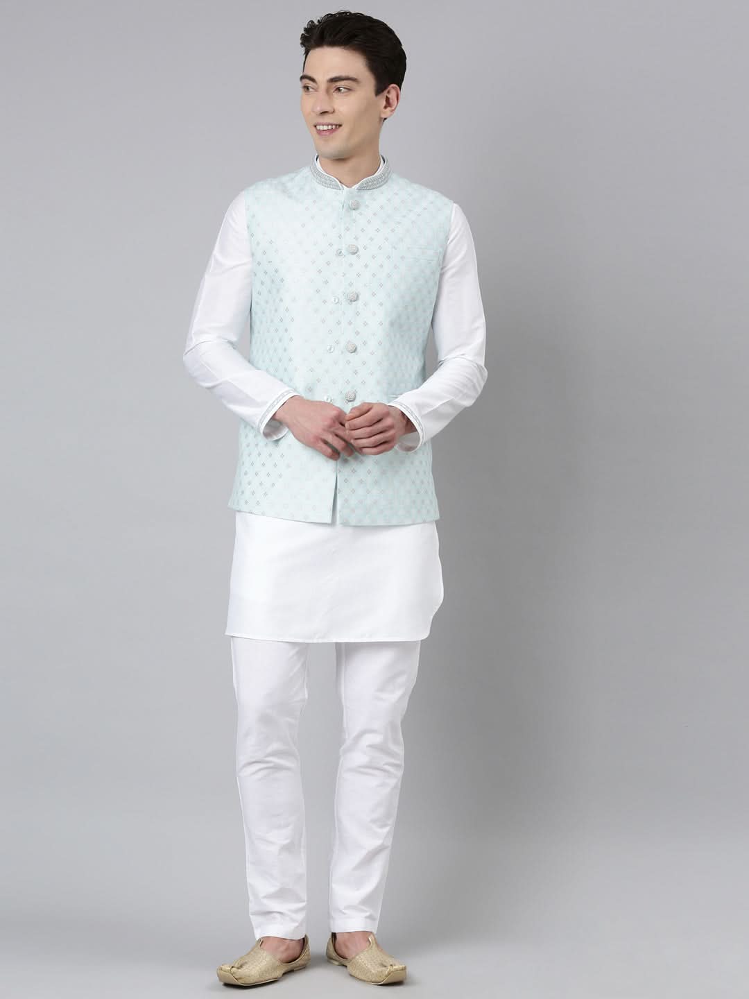 Aqua Blue Chanderi Jacket with White Short Kurta