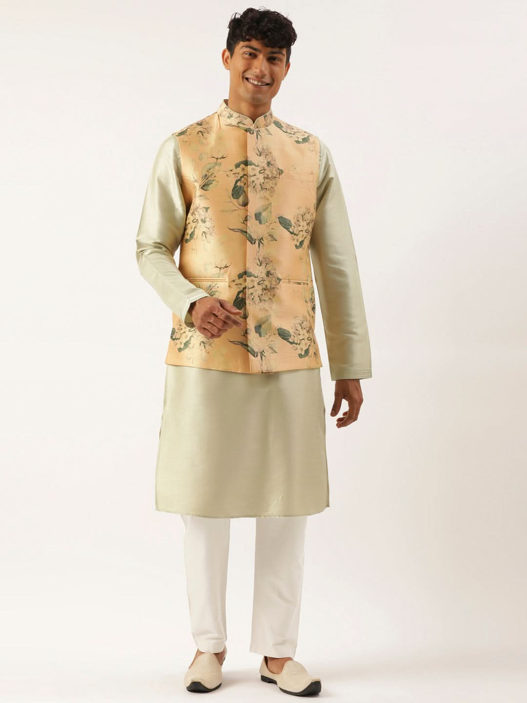 Beige Printed Cotton Jacket Kurta Set