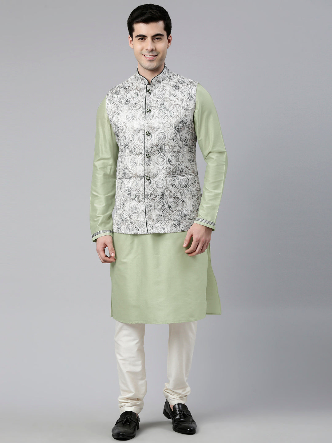 Grey Green Jacquard Jacket With Kurta