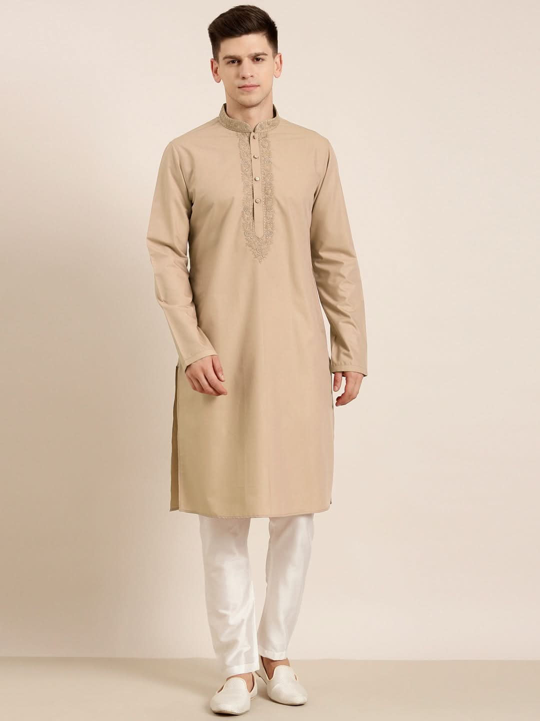 Beige Cotton Dori Embroidered Kurta Set