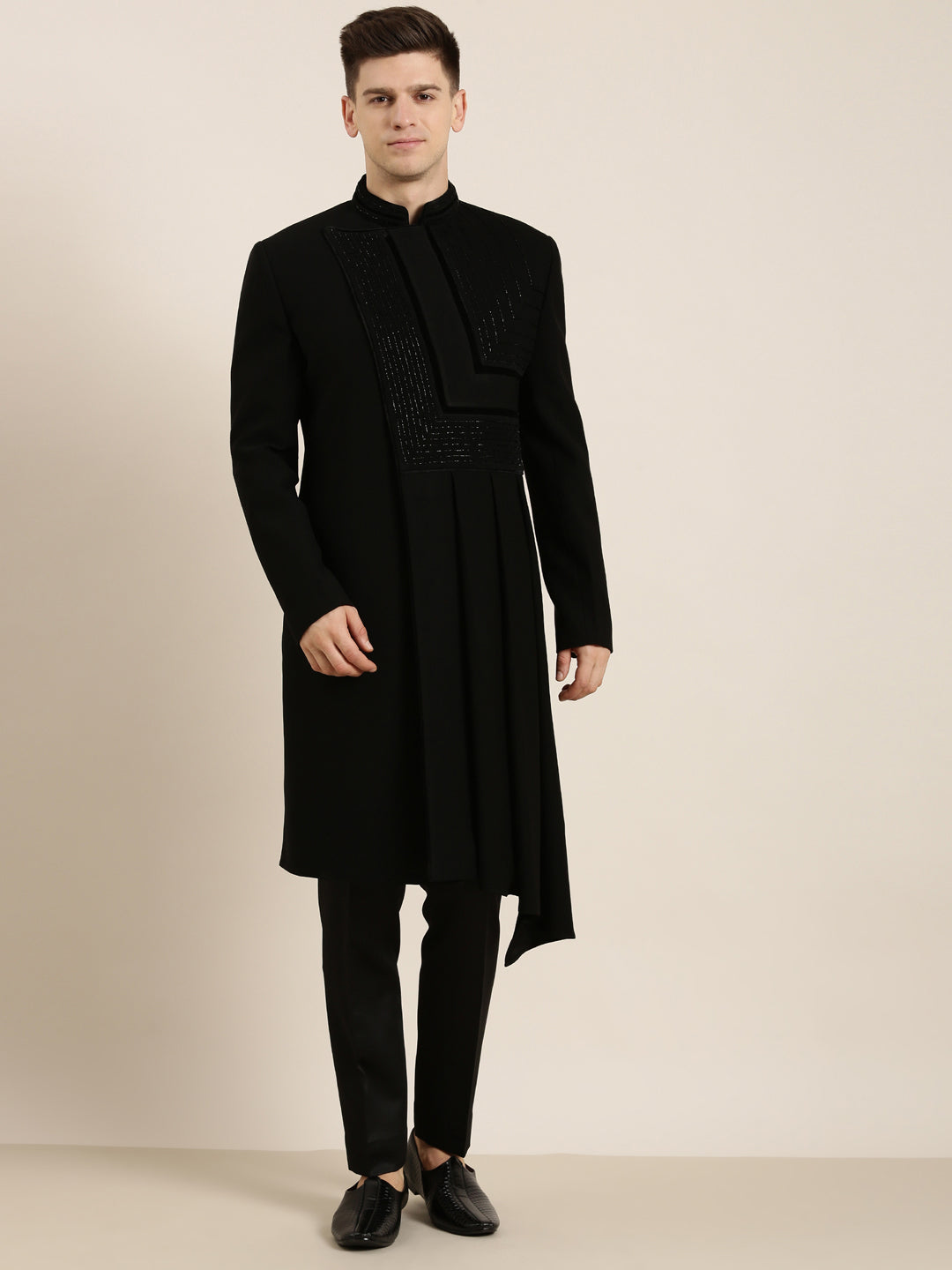 Black Draped Embroidered Indowestern