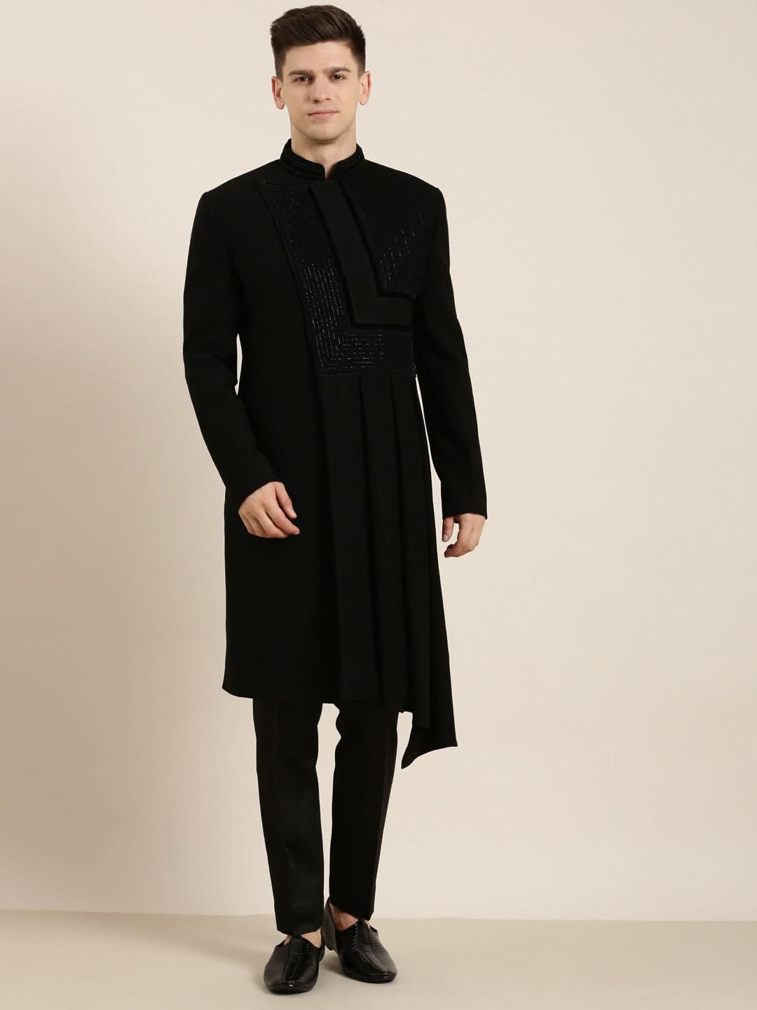 Black Draped Embroidered Indowestern