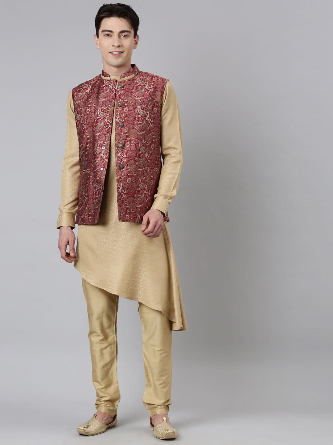 Printed Jacket With Self-Design Drape Side-Open Kurta