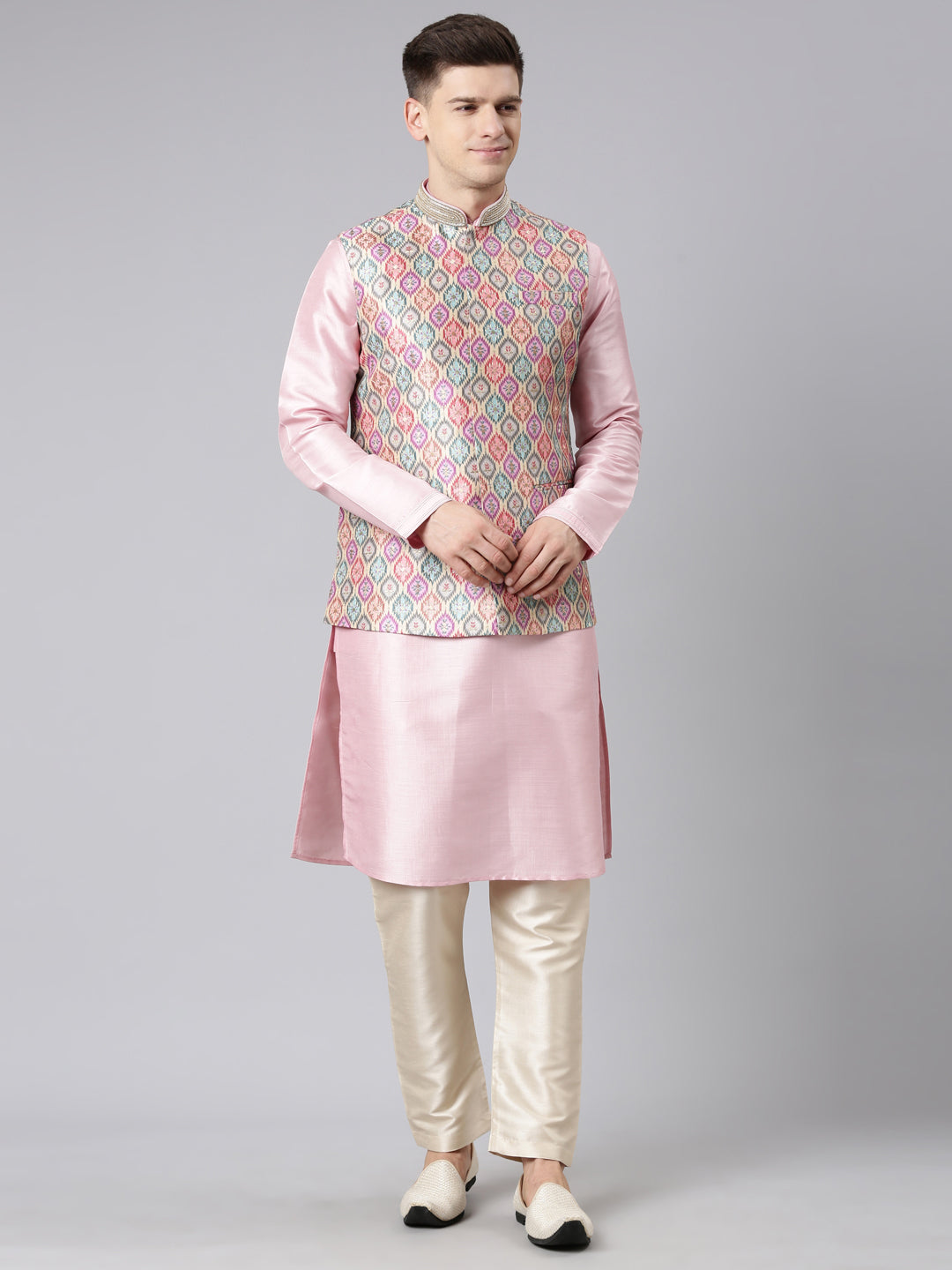 Beige Ikat Print Jacket With Pink Kurta
