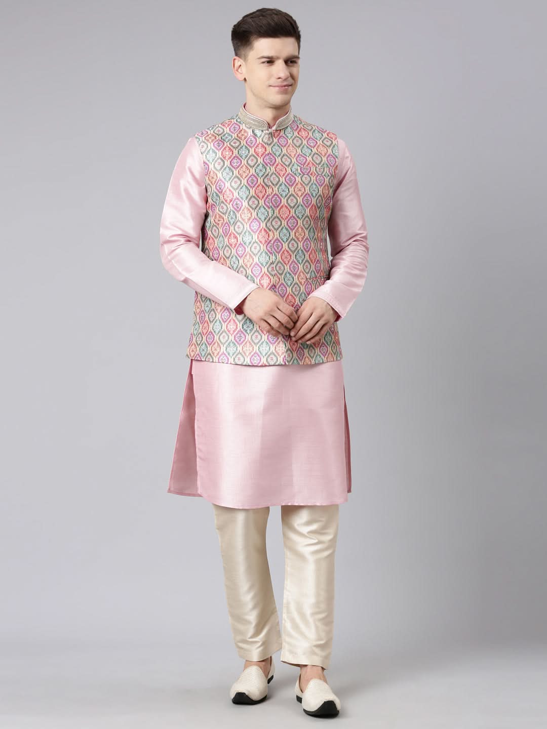 Beige Ikat Print Jacket With Pink Kurta