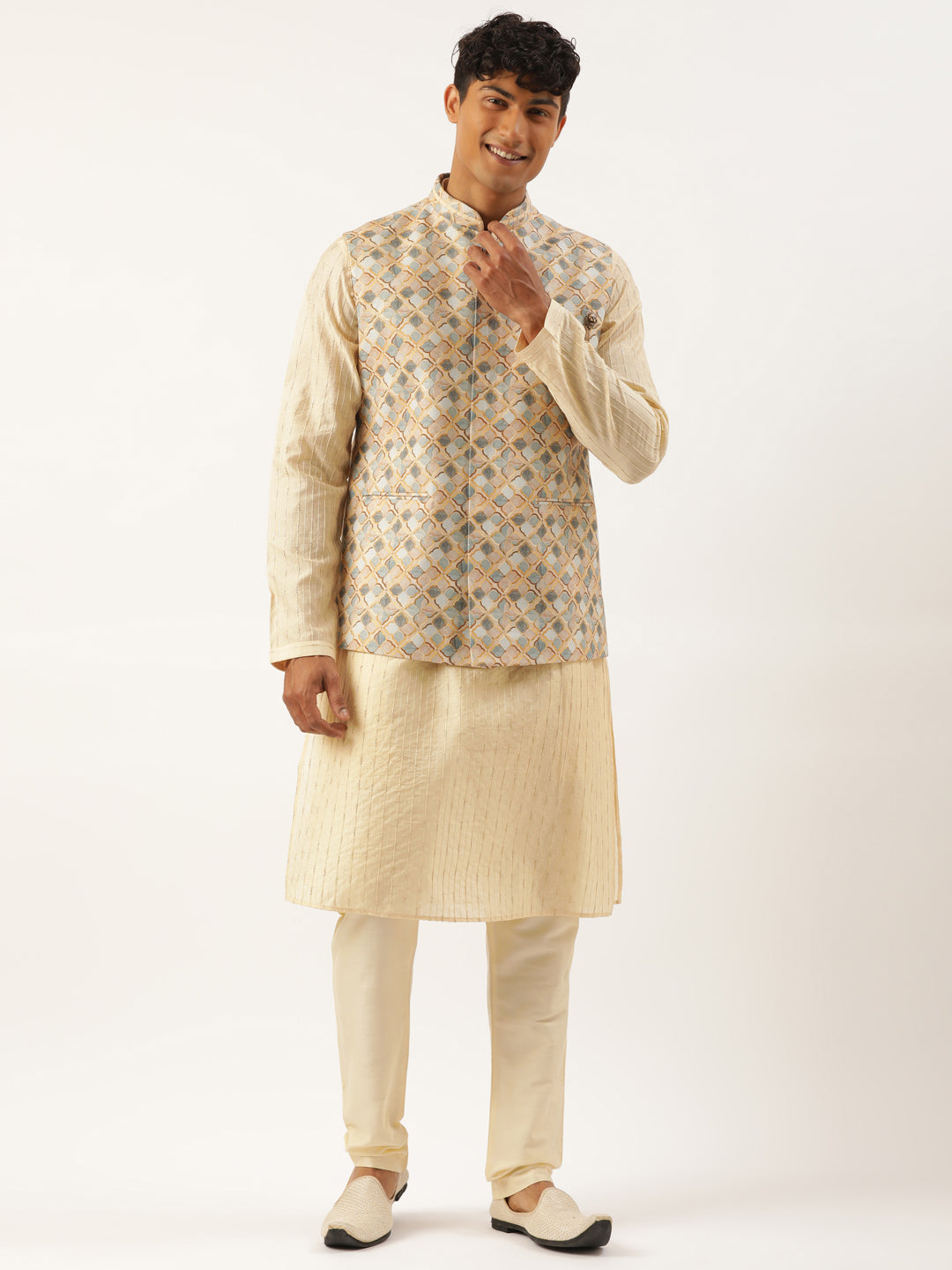 Grey and Beige Printed Jacket with kurta set