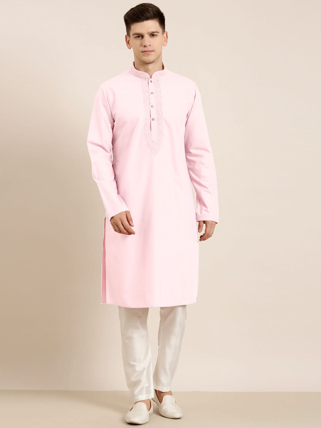 Pink Cotton Dori Embroidered Kurta Set