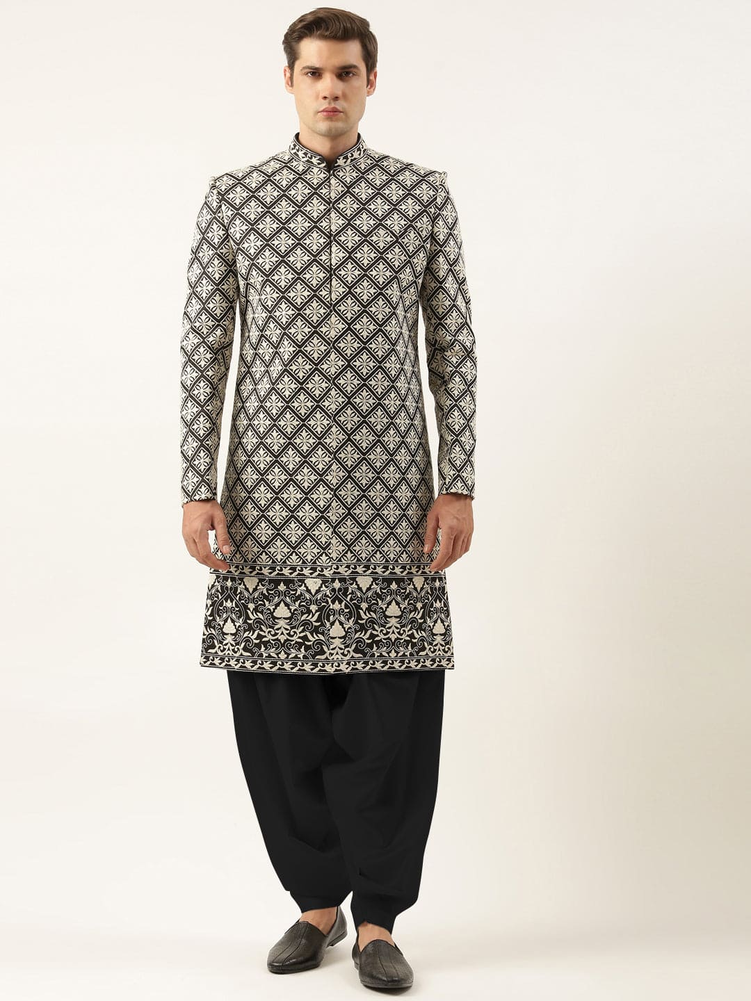 Black Silk Embroidered Indowestern Set