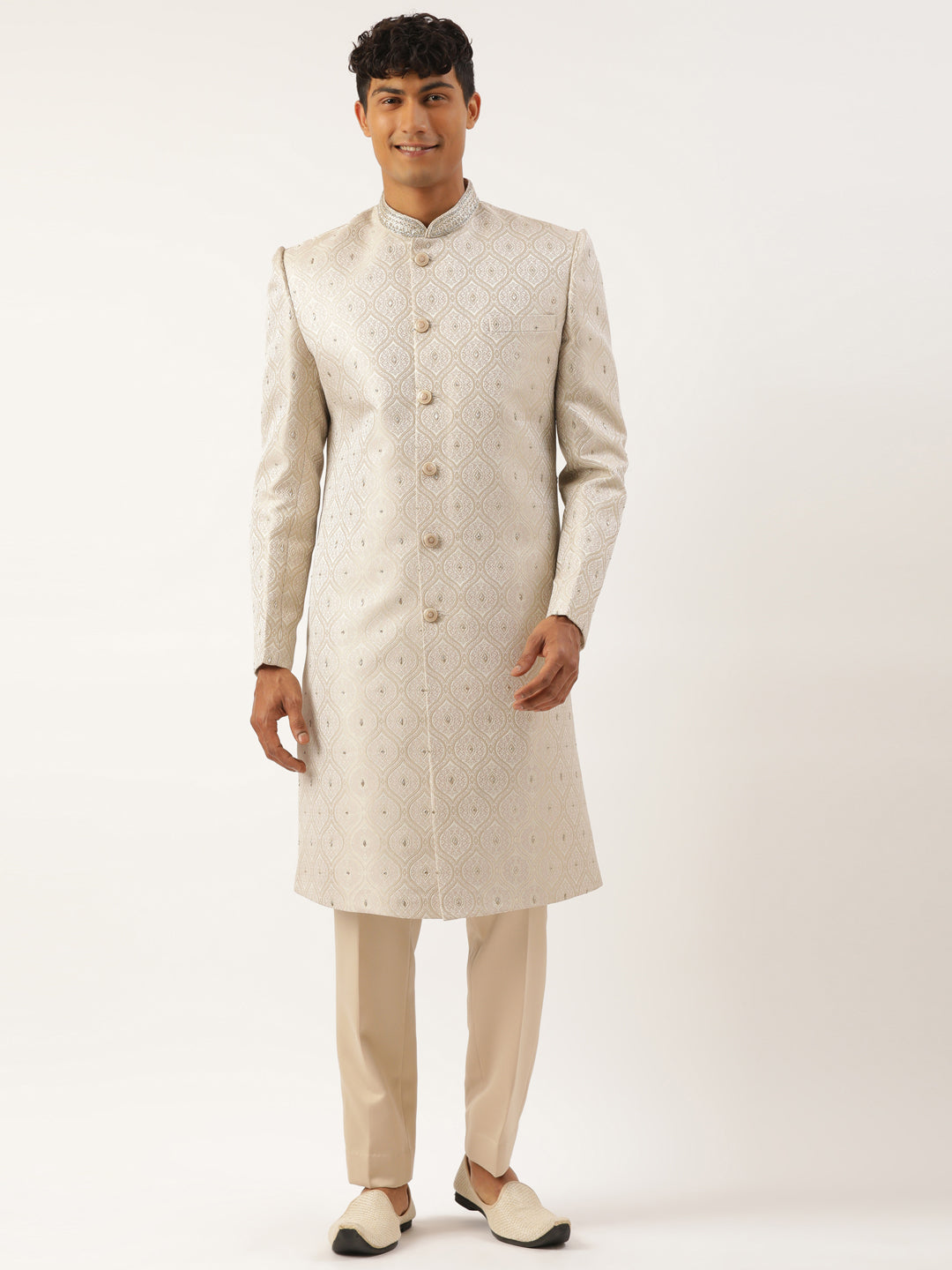 Ivory Jacquard Indowestern Set