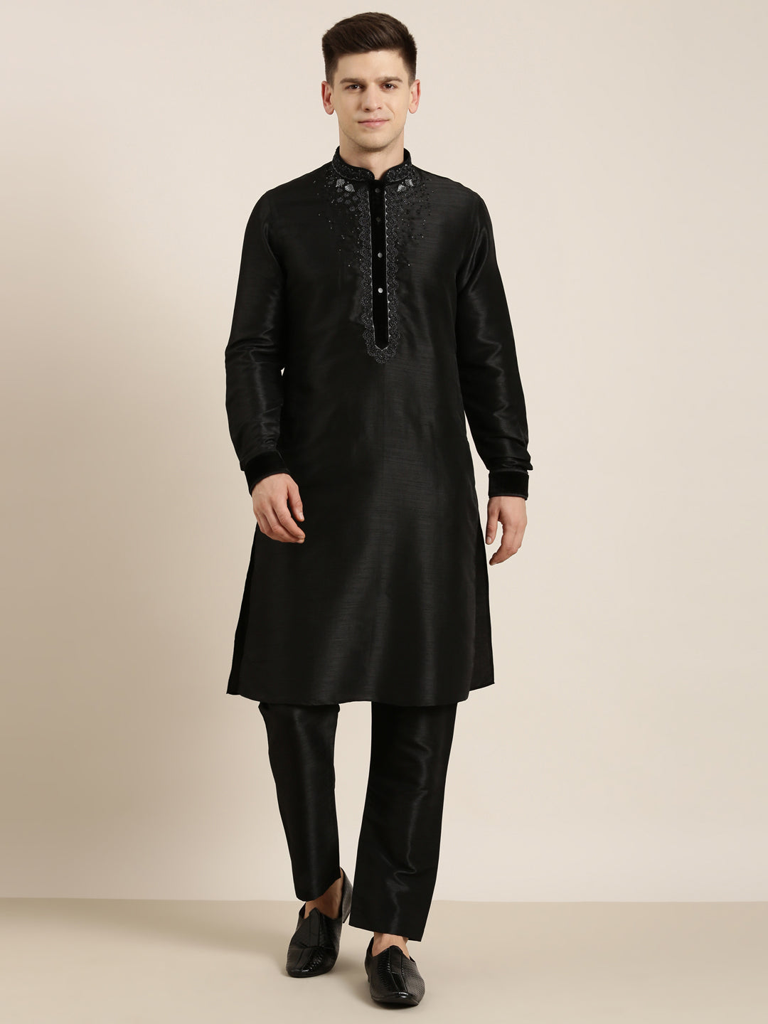 Black Art Silk Embroidered Kurta Set