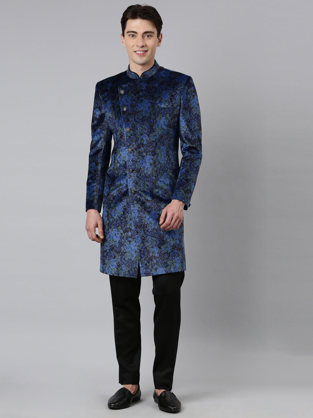 Blue Printed Velvet Angrakha Indowestern