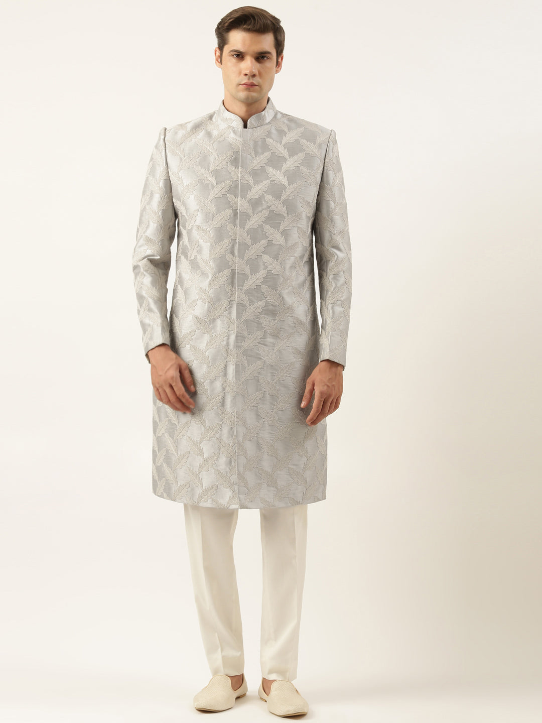 Grey Thread Embroidered Achkan