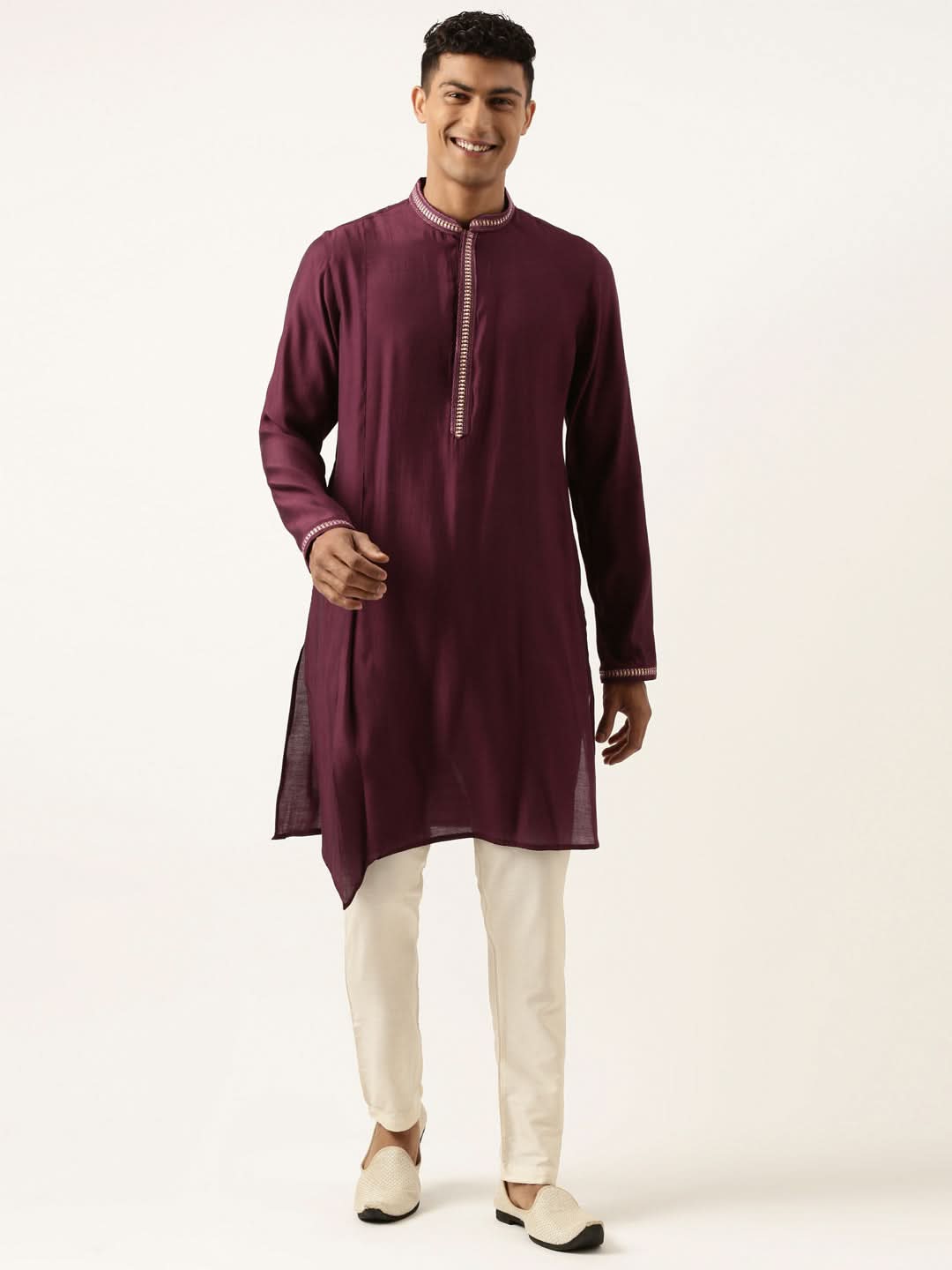 Wine Asymetric Embroidered Kurta Set