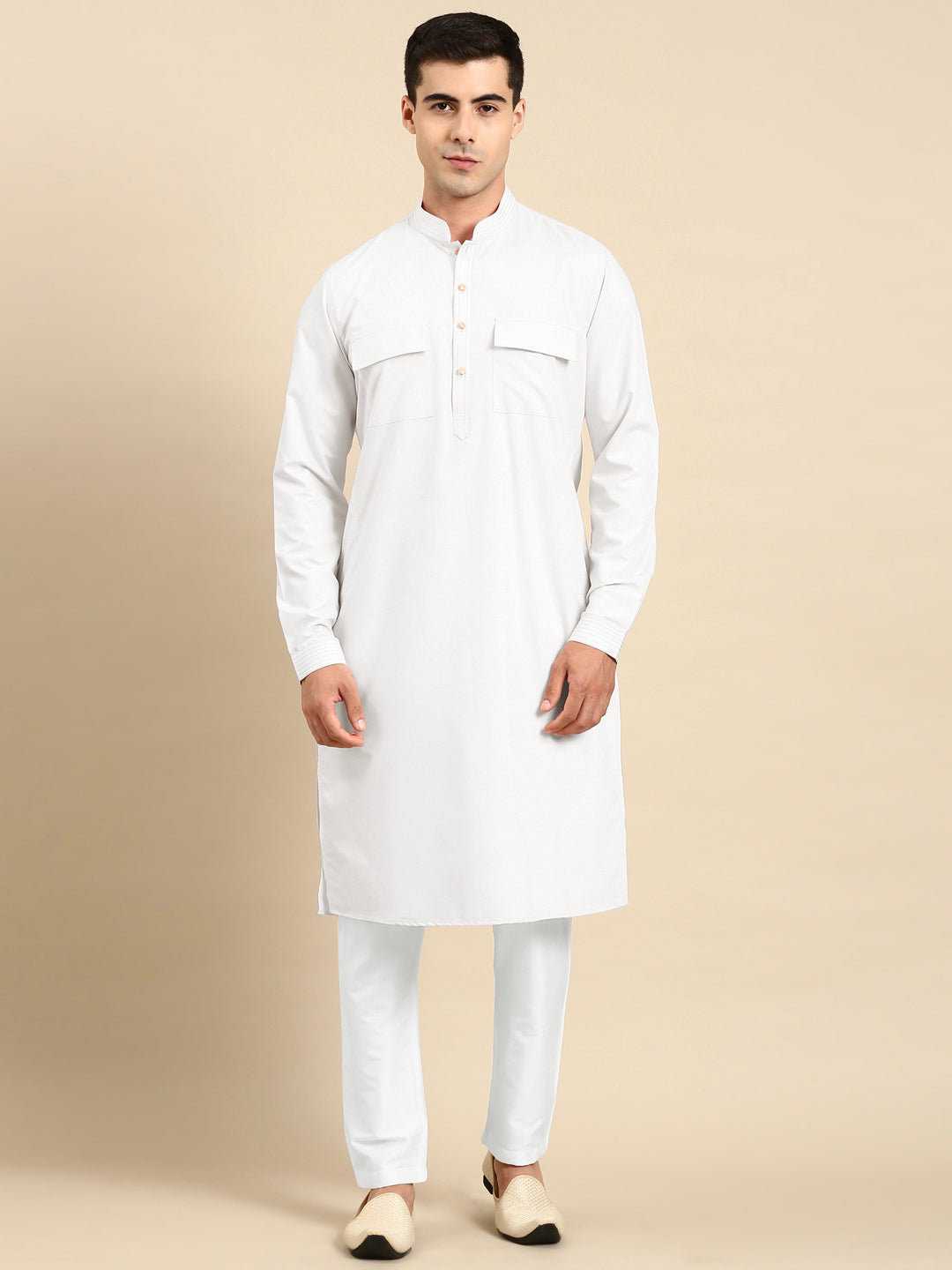 White Cotton Pathani Kurta Set with Patch pocket