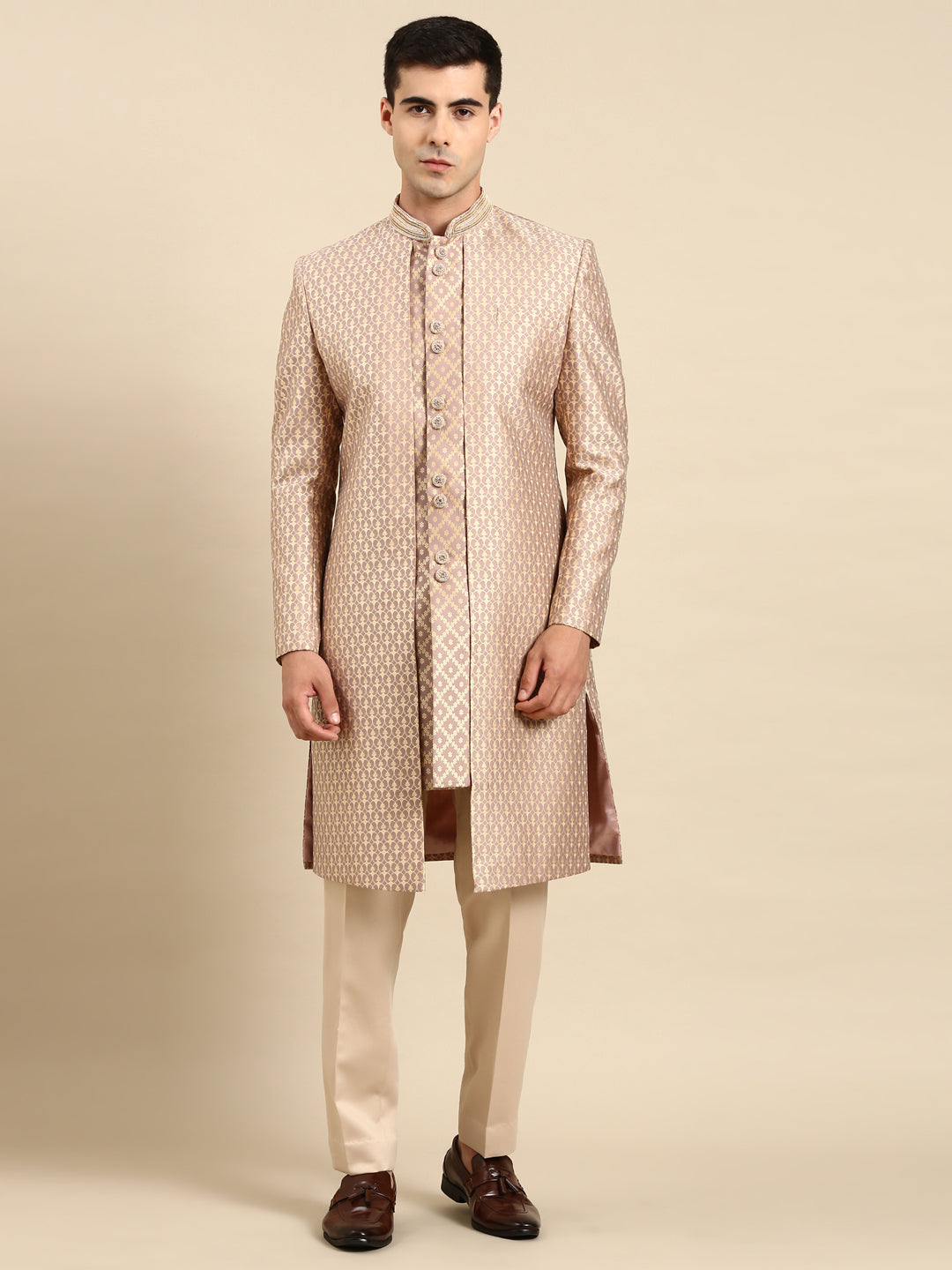 Dusty Pink gold Jacquard layered Indowestern