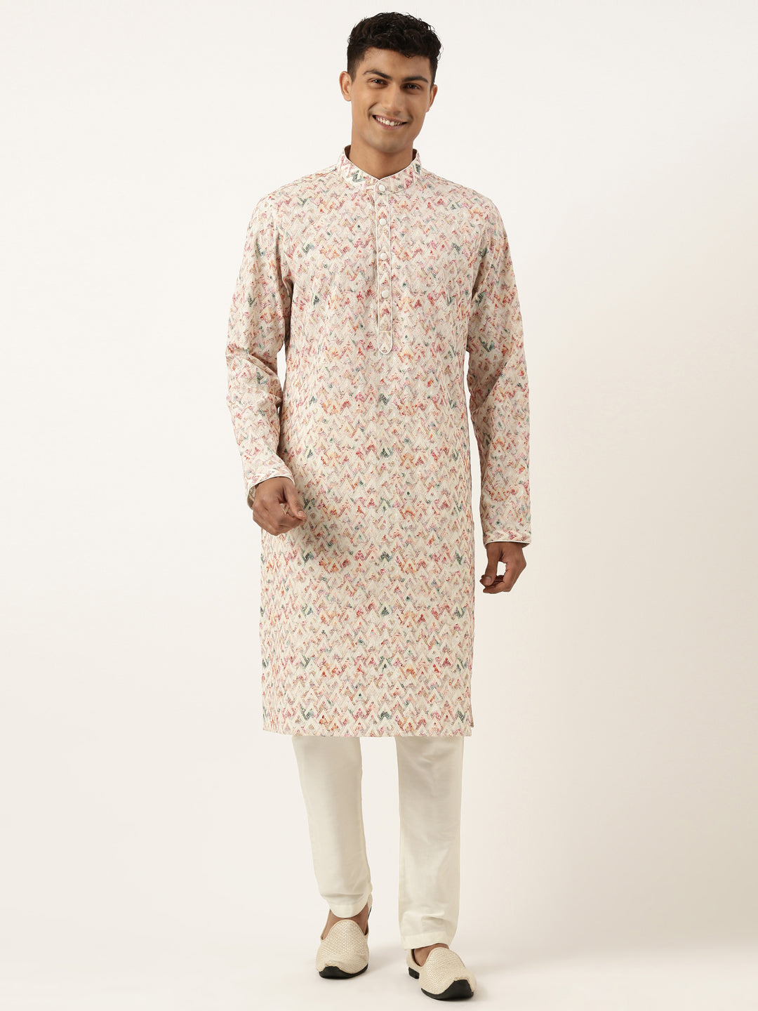 Cream Printed Chikankari Kurta Set