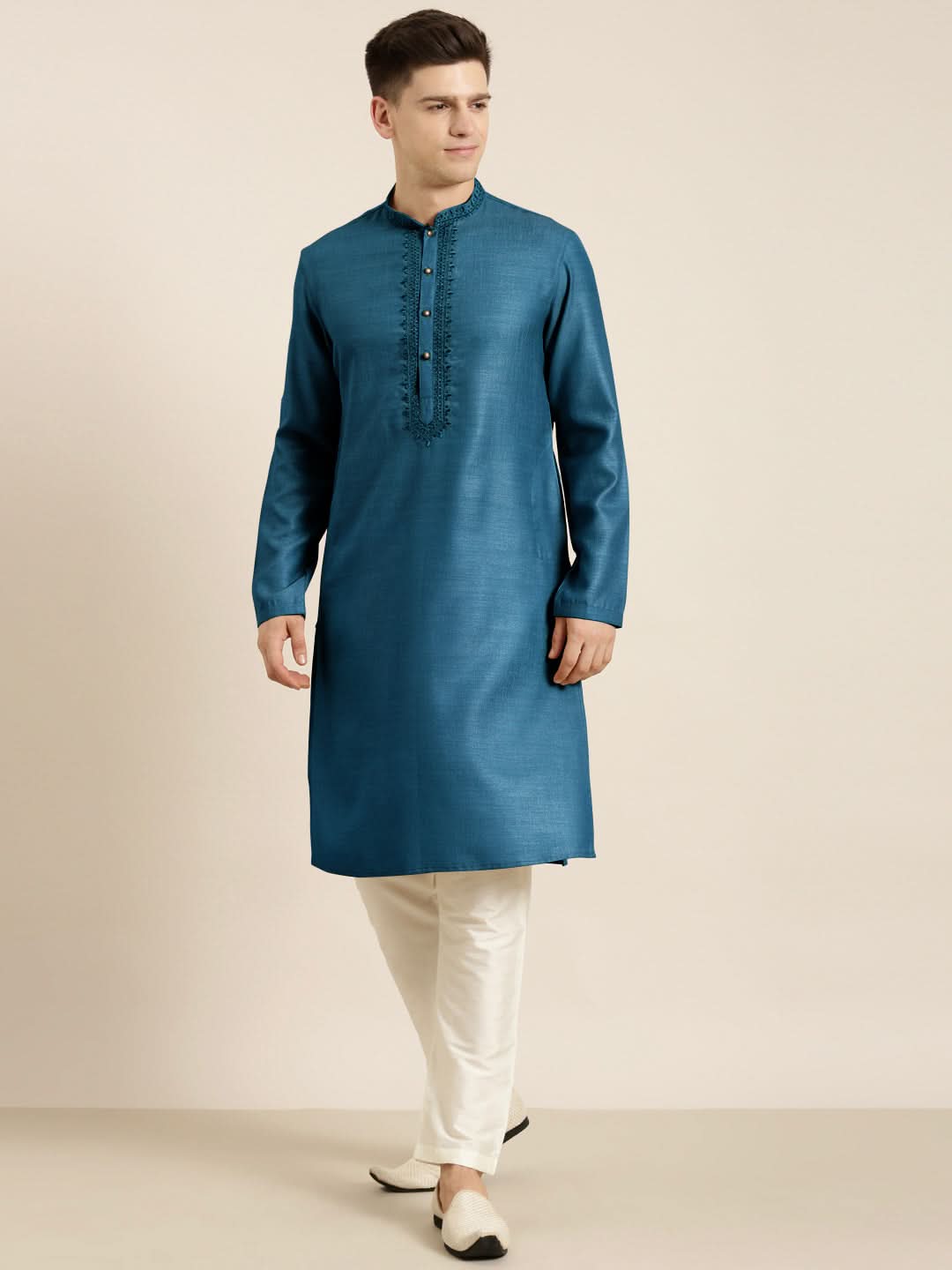 Denim Blue cotton Dori Embroidered Kurta