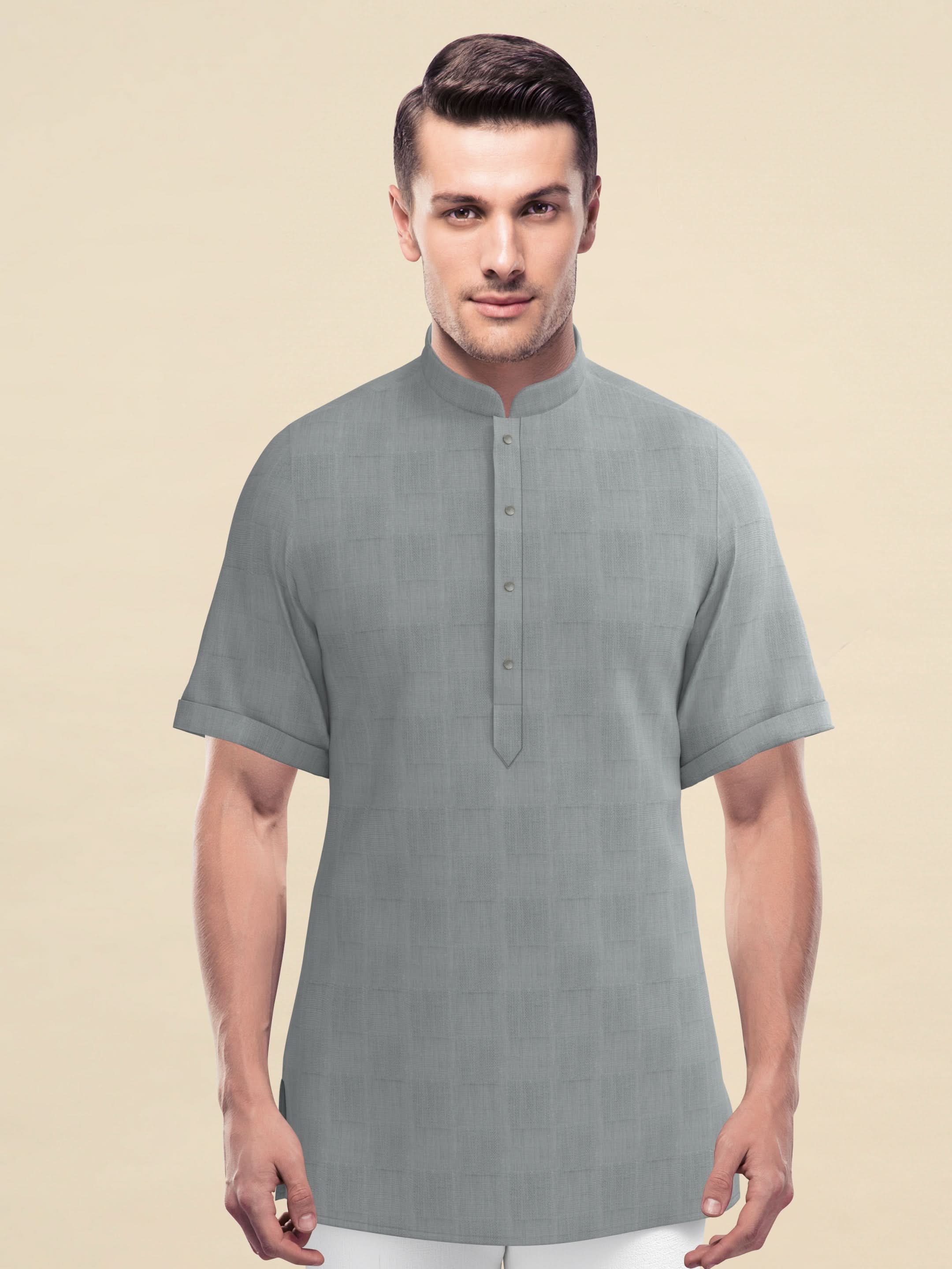 Grey Cotton Jacquard Short Kurta