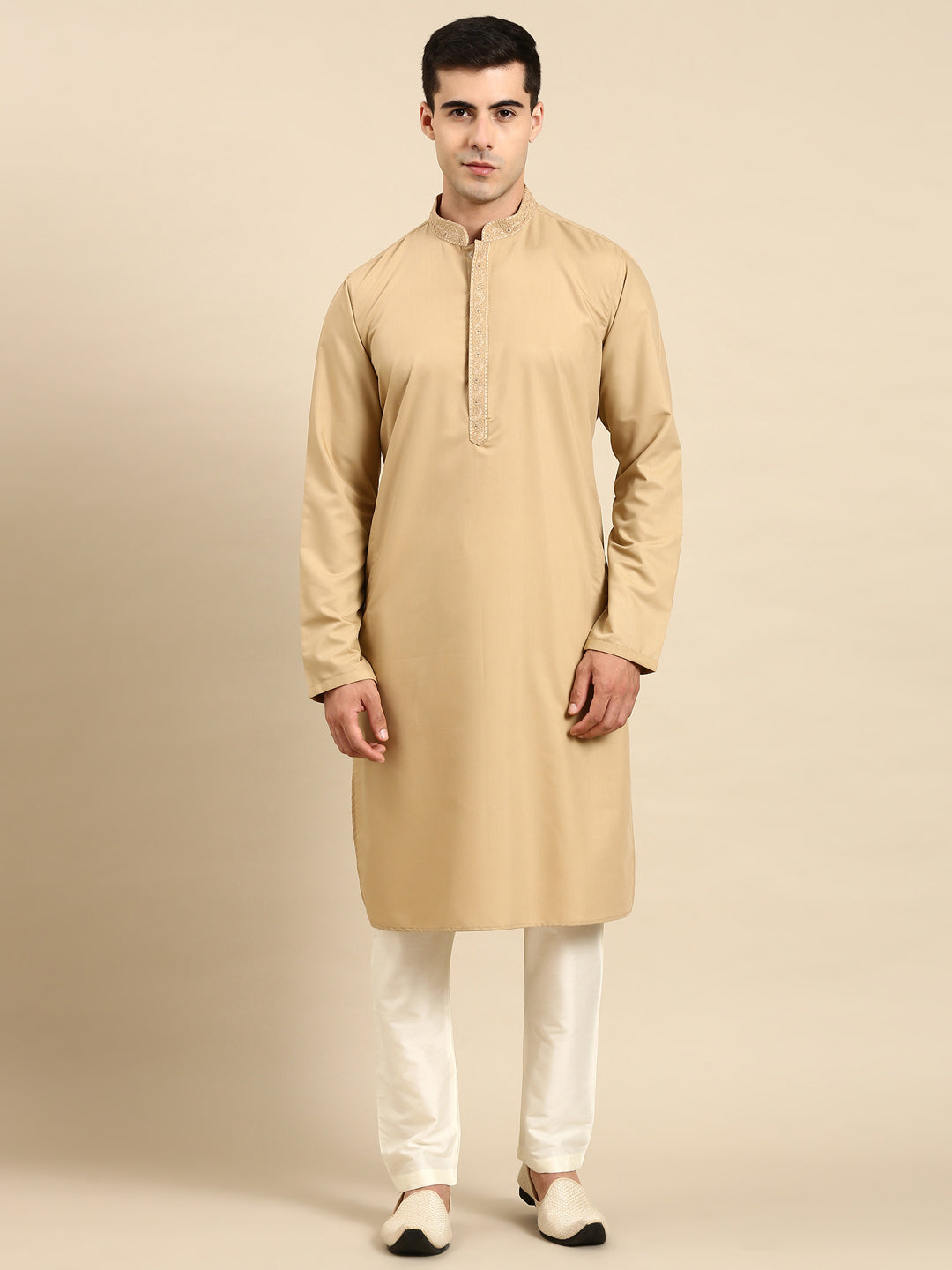 Beige Cotton Dori Embroidered Kurta Set