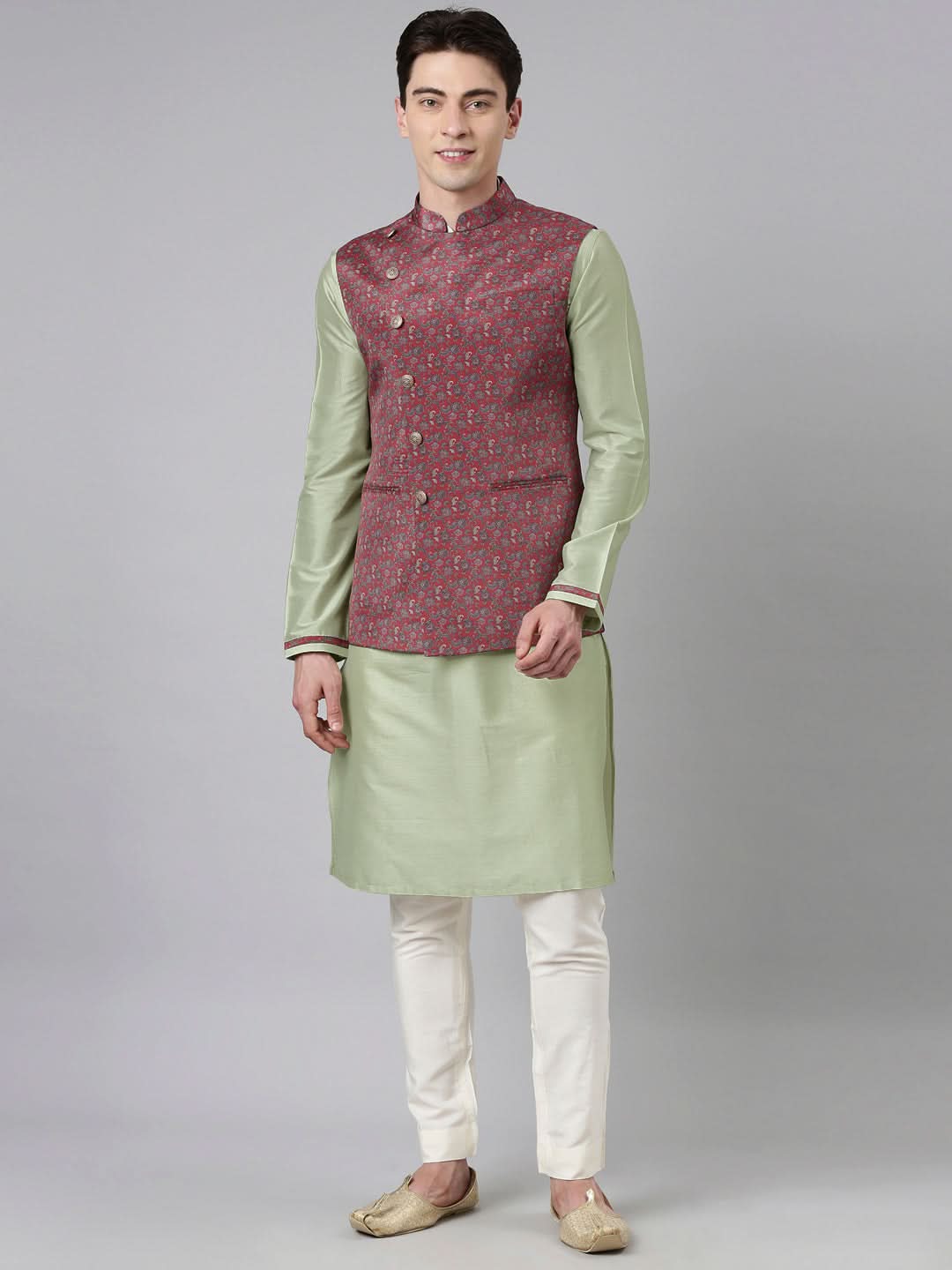 Red Printed Jacket With Kurta