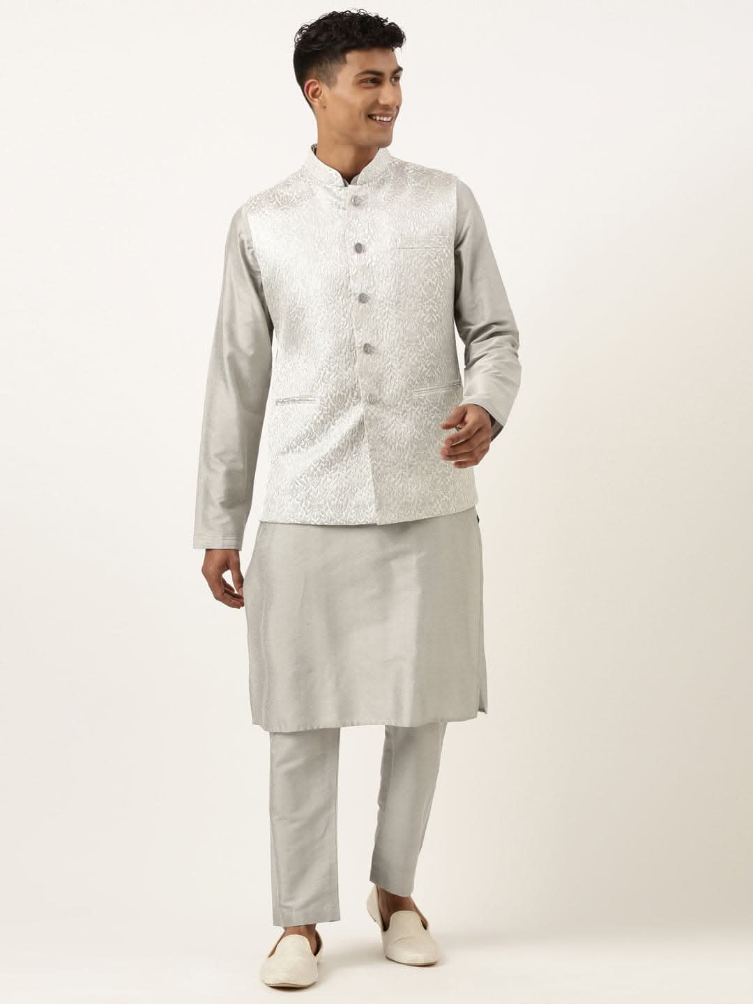 Steel Grey Jacquard Jacket With Grey kurta