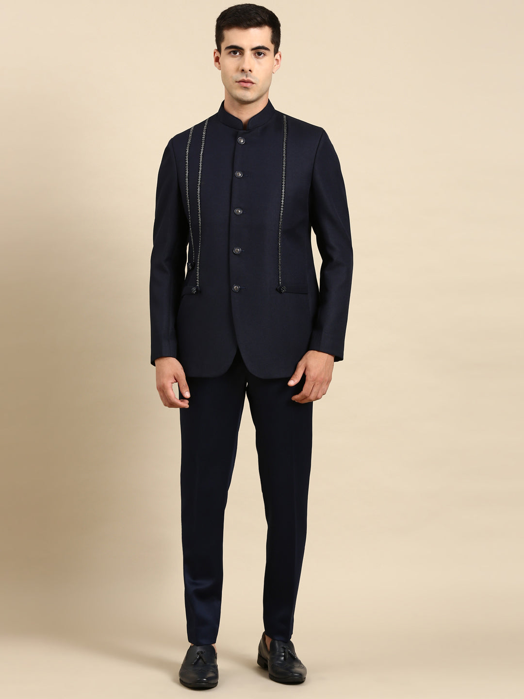 Navy Embroidered Bandhgala with velvet Detailing