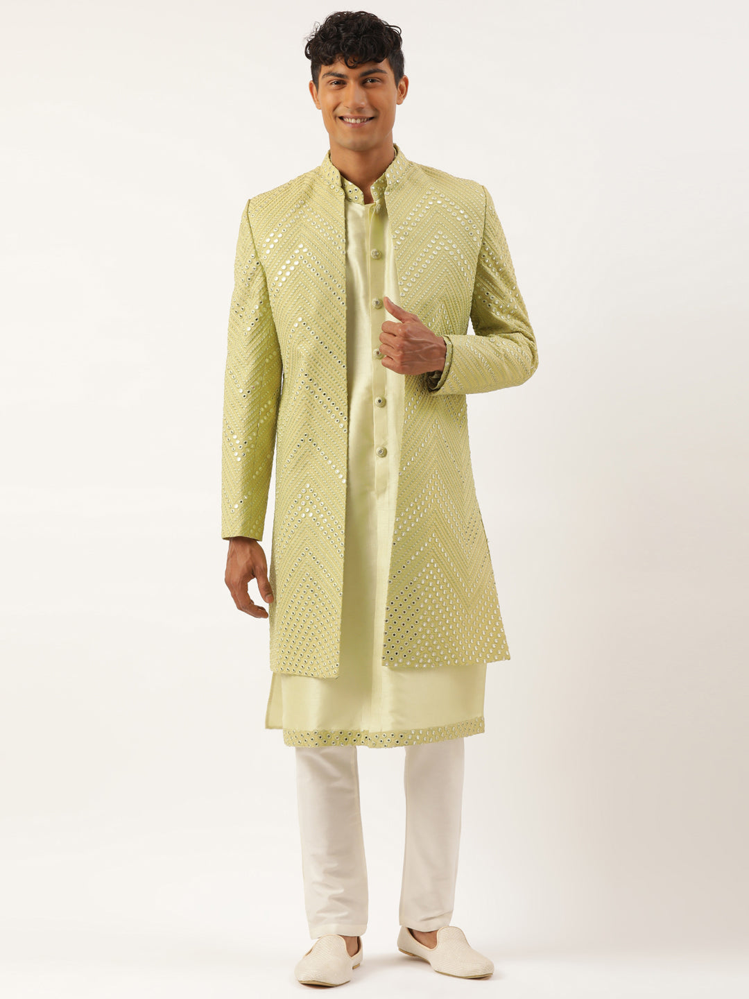 Pistachio  Mirror Embroidered  Indowestern With Kutra
