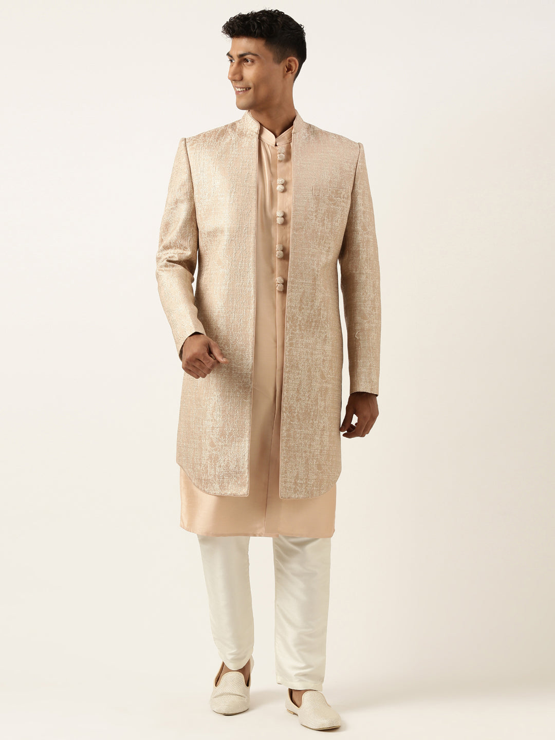 Peach Jacquard Indowestern Set