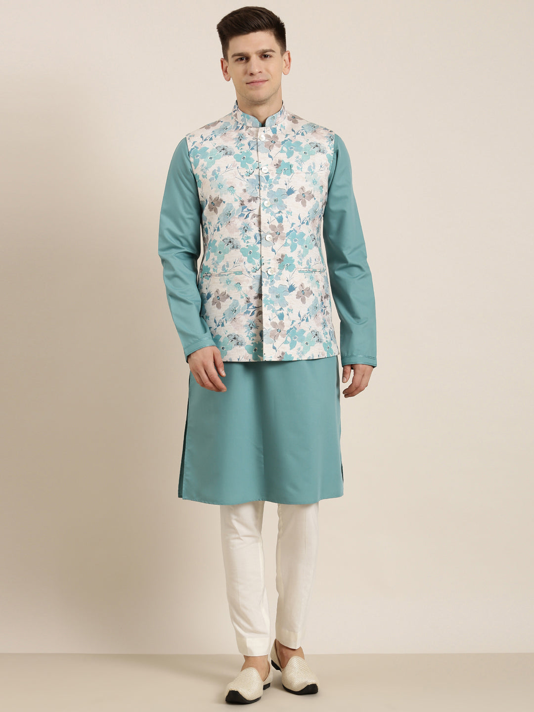 Beige Linen Printed Jacket Kurta Set