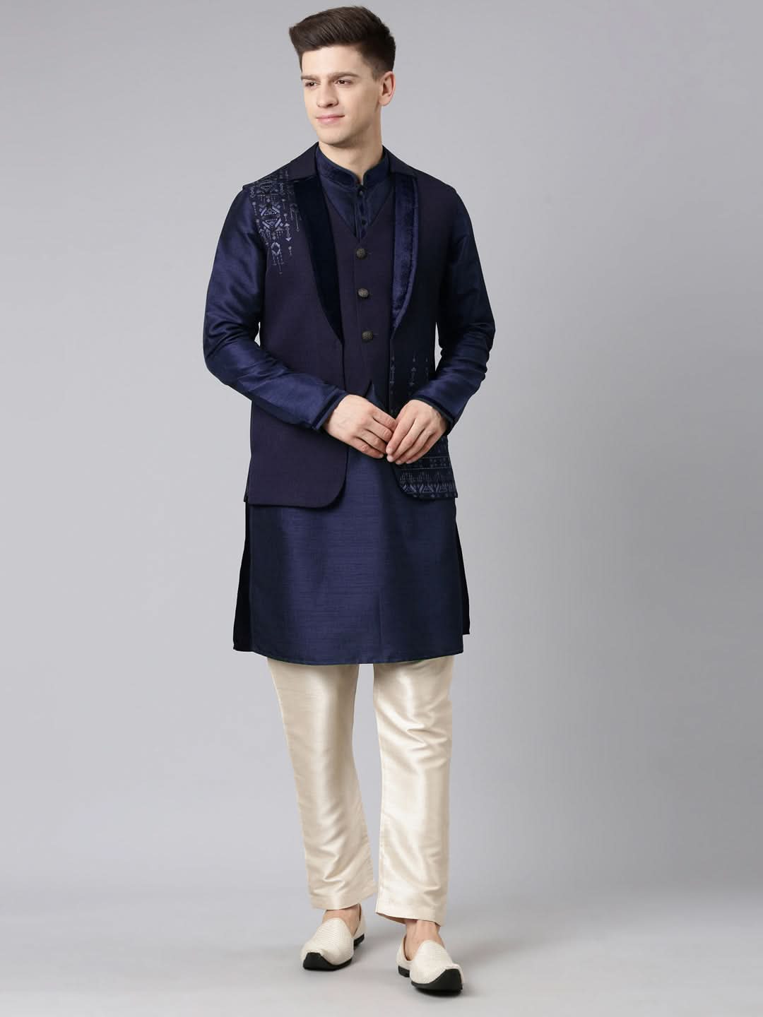 Dark Blue Layered lapel Style Jacket Kurta Set
