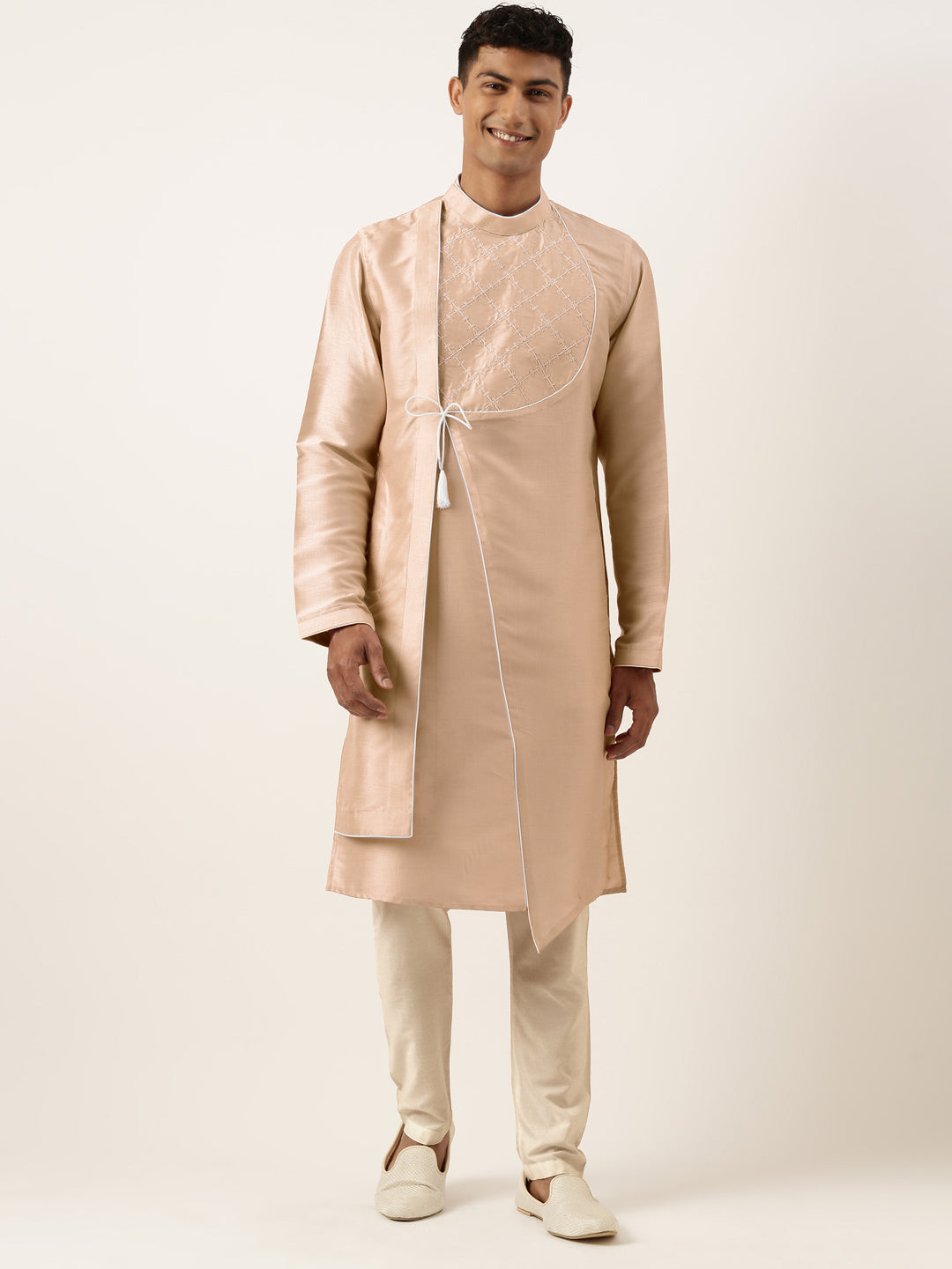 Peach Embroidery Angrakha Kurta Set