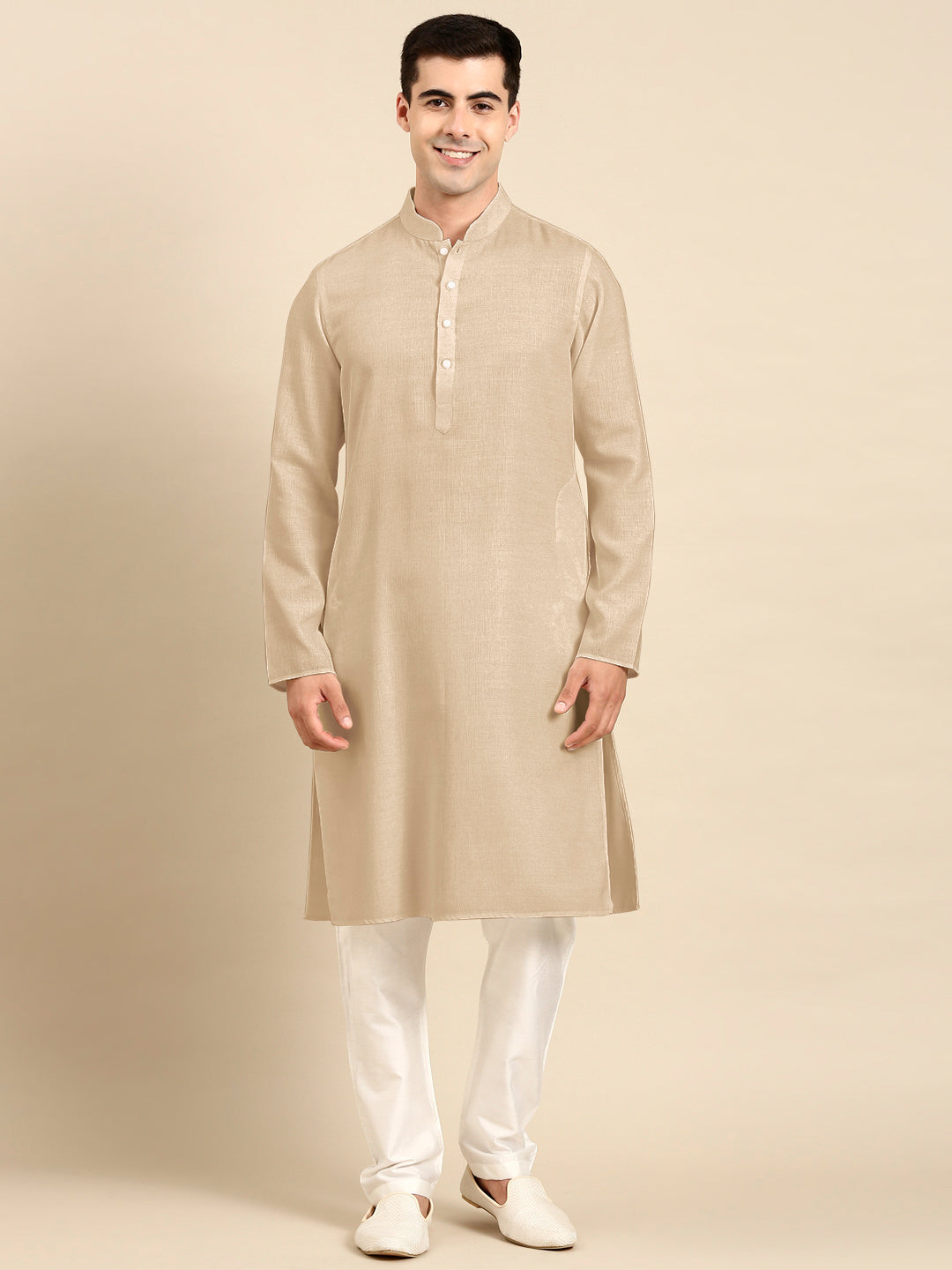 Beige Twill Weave Cotton Kurta  Set